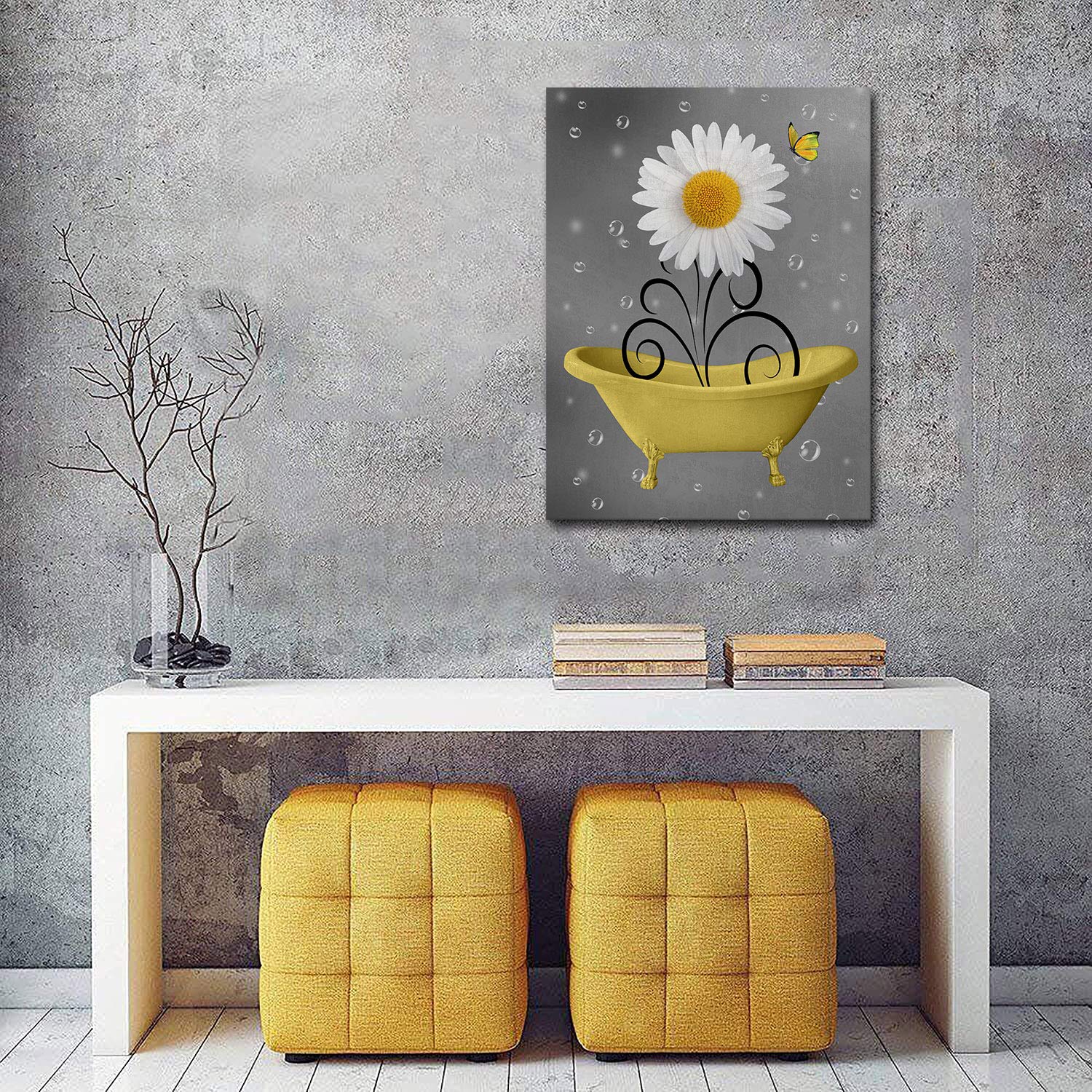 Bathroom Wall Art Daisy Canvas Pictures Modern Flower Bathtub Artwork Rustic Wood Board Background Contemporary Wall Art Decor B