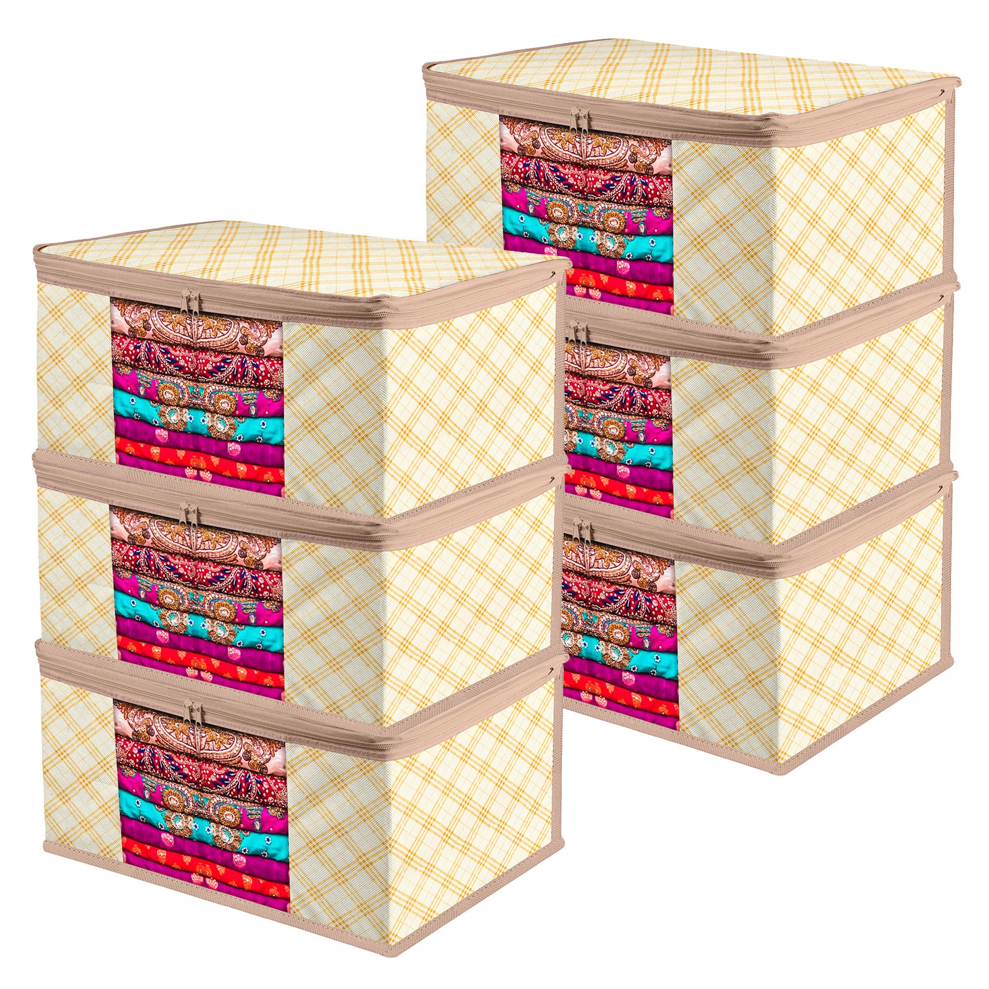 Kuber Industries Cream NonWoven CheckDesign Zip Closure Saree Cover | Wardrobe Organiser | Transparent Window | 9 Inch | Pack 