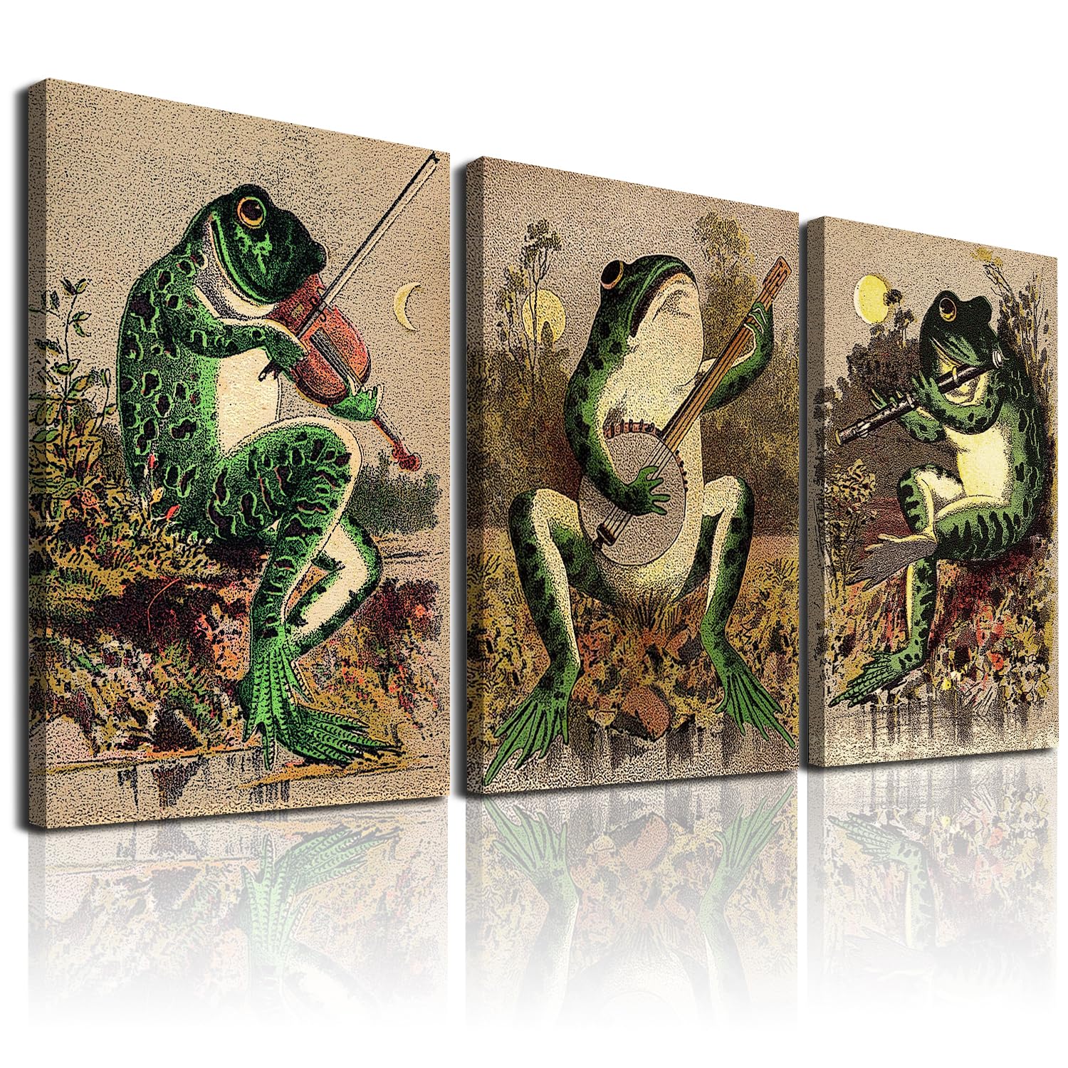 Vintage Banjo Frog Art Posters Canvas Painting Creativity Aesthetic Green Poster Print Wall Art Pictures for Living Room Bathroo