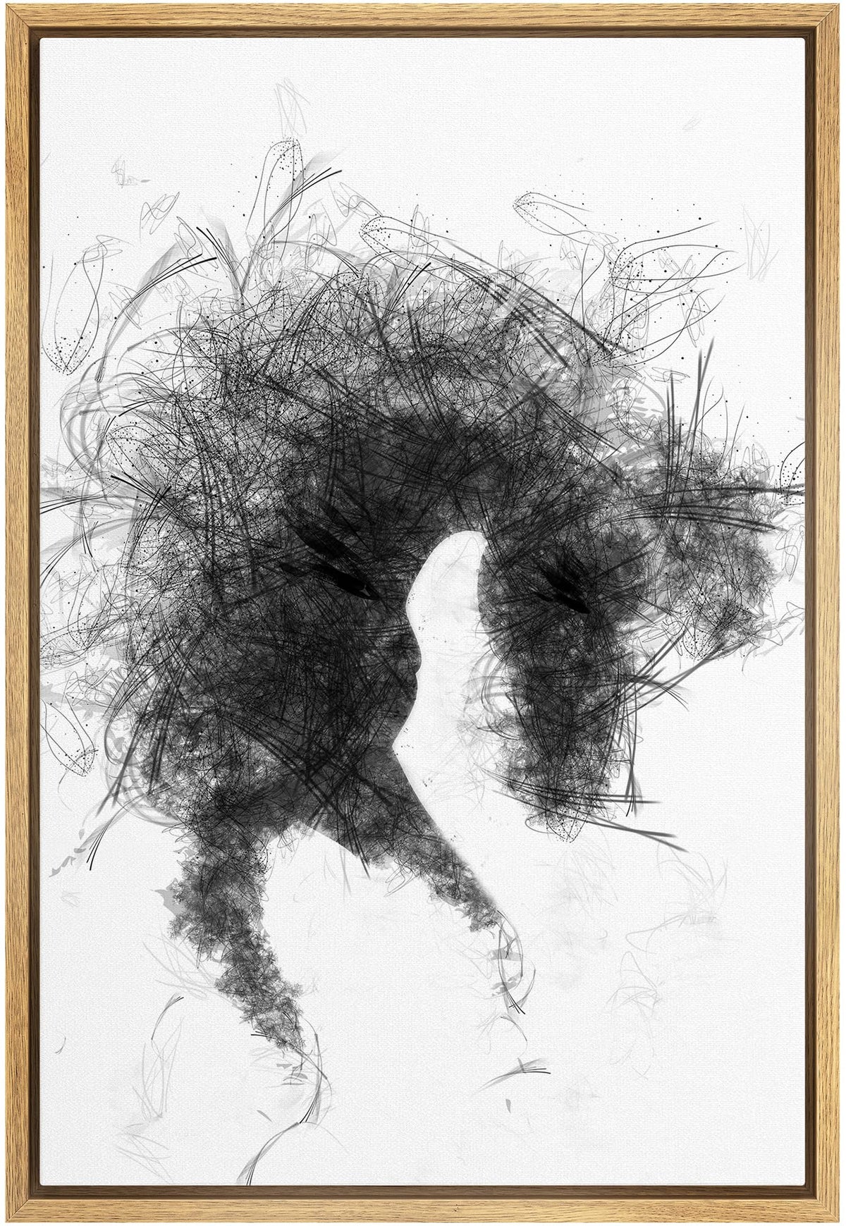 Idea4Wall Framed Canvas Print Wall Art Black Smoke & Scribble Effect Horse Portrait Animals Wildlife Illustrations Modern Art Ch