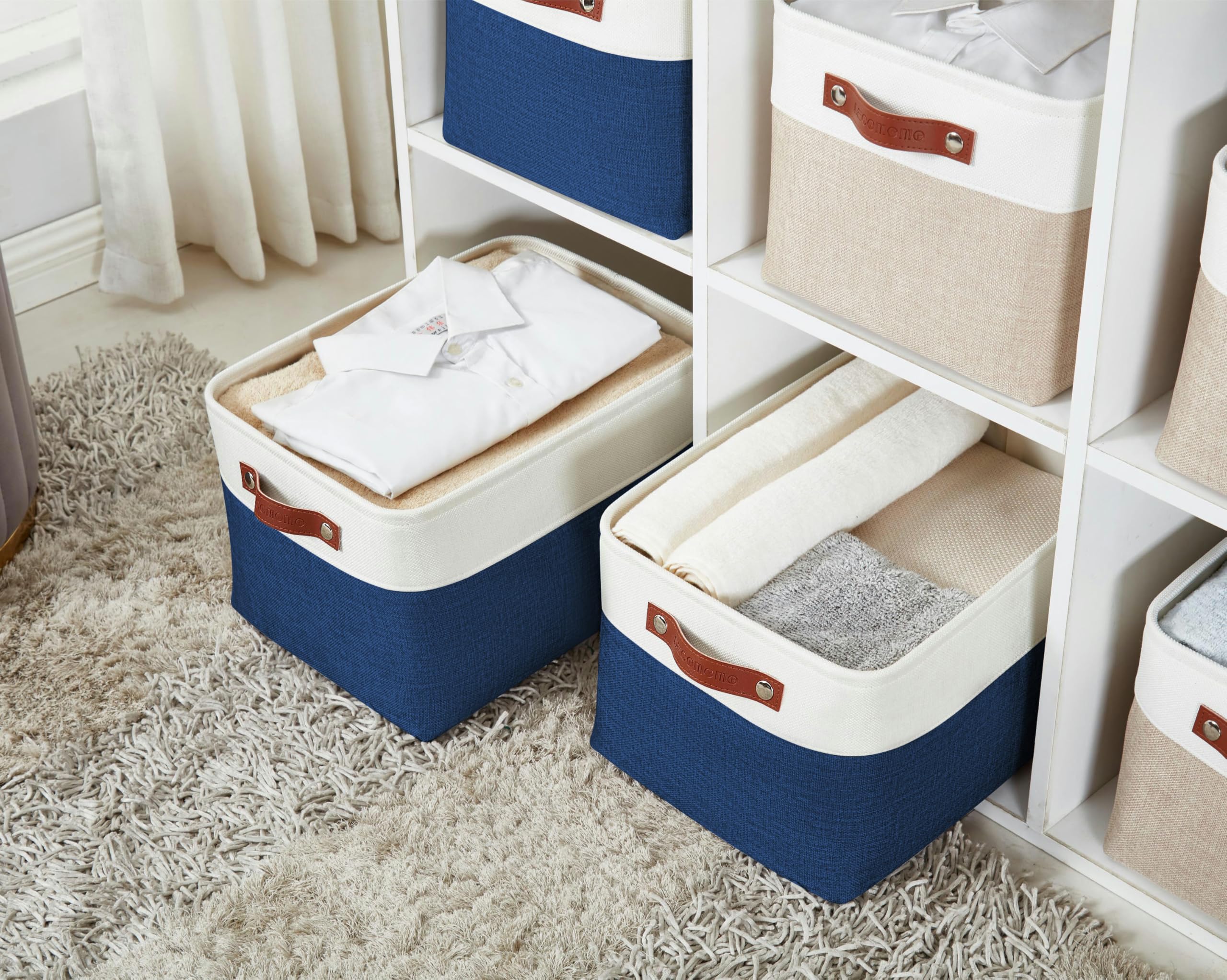 DECOMOMO Storage Baskets for Shelves - Fabric Storage Bins, Linen Closet Organizers and Storage (Navy Blue & White, Large - 4 Pa