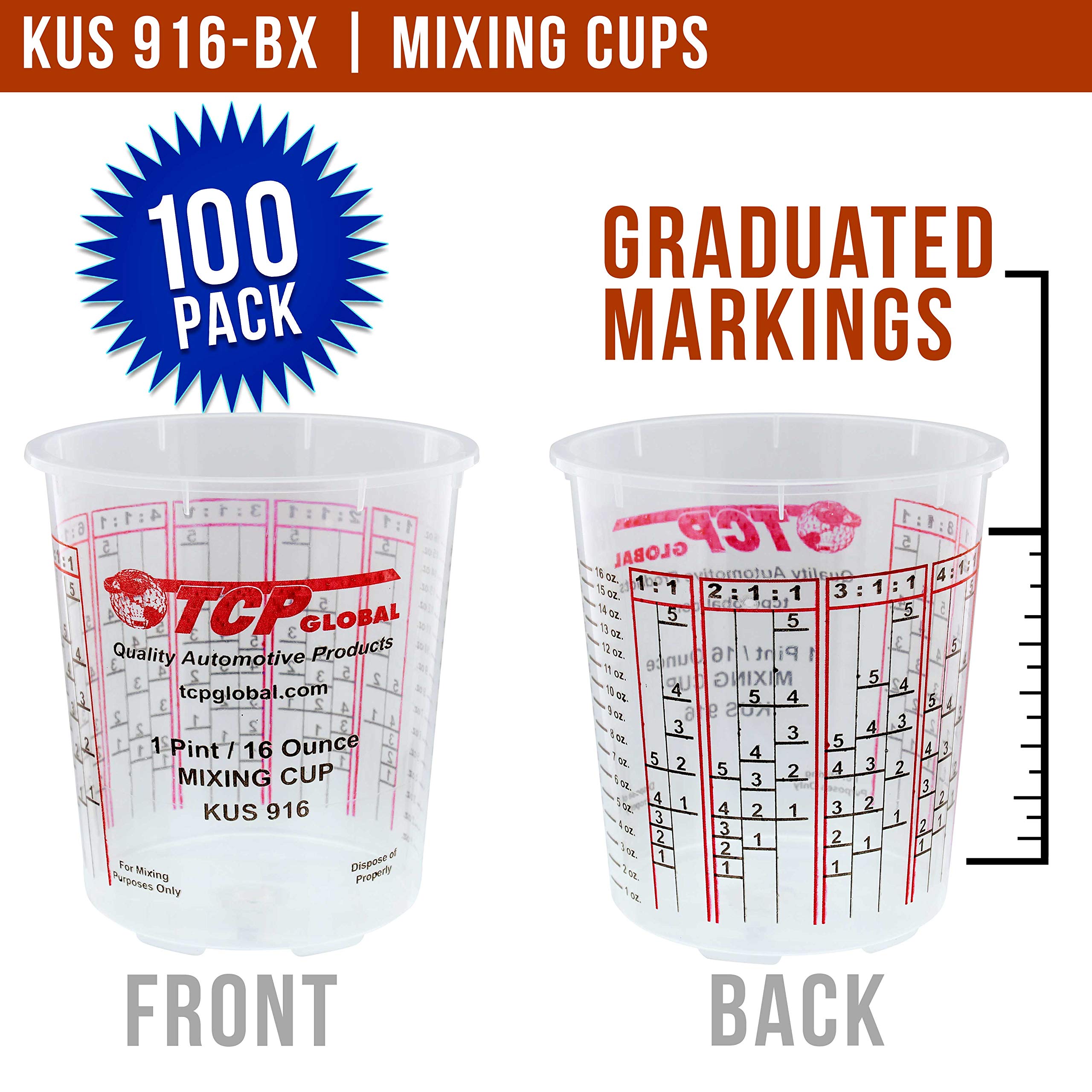 Custom Shop - Pack Of 36 Each - 16 Ounce Graduated Paint Mixing Cups - Cups Are Calibrated With Multiple Mixing Ratios - Also In