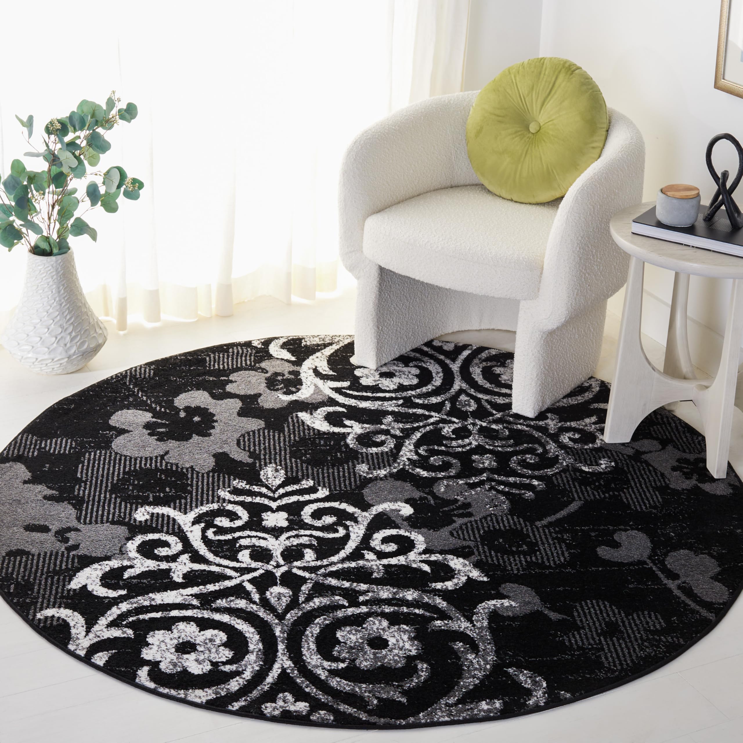 SAFAVIEH Adirondack Collection 11 Round Black / Silver ADR114A Floral Glam Damask Distressed Non-Shedding Dining Room Entryway 