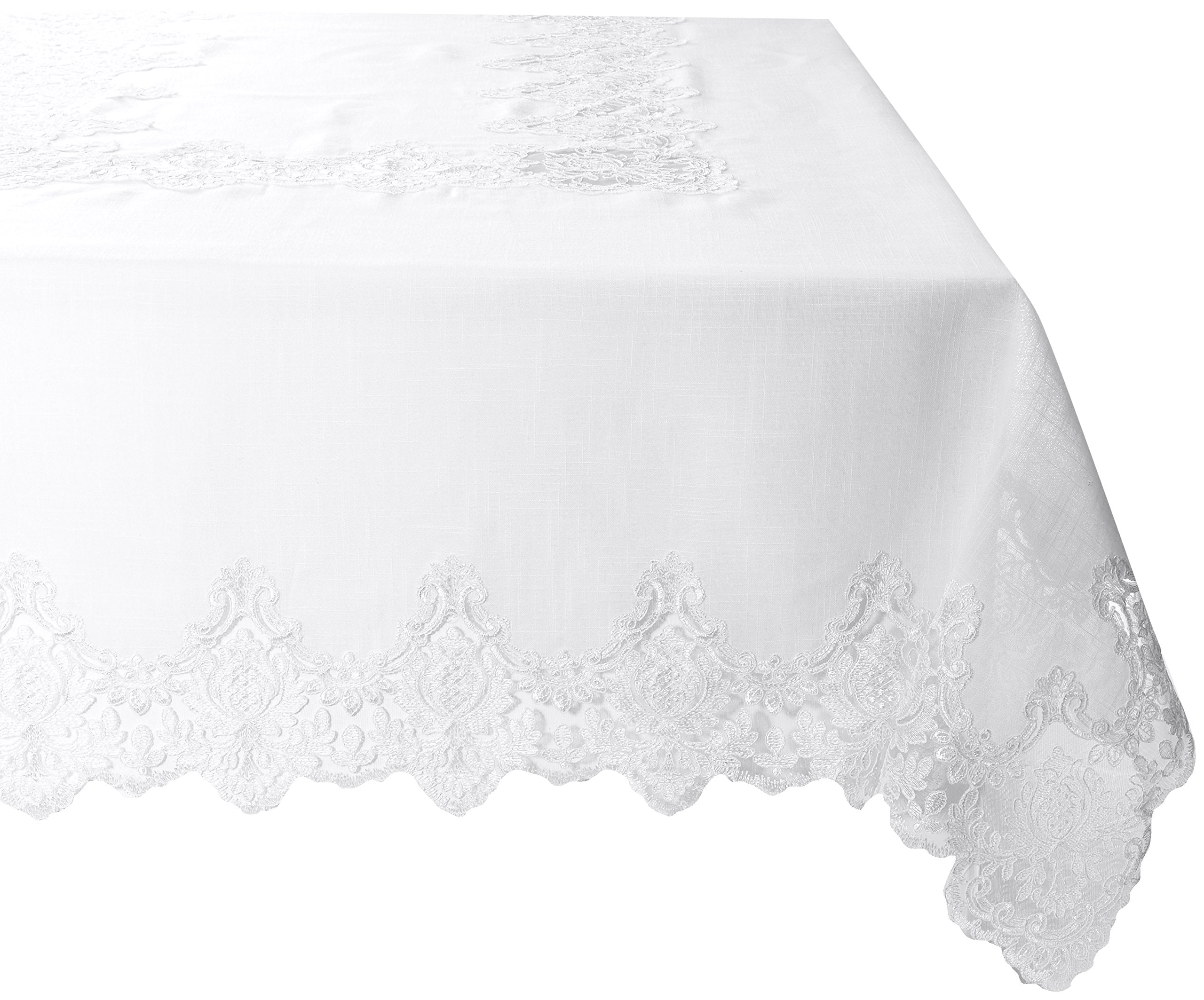 Violet Linen Imperial Embroidered Vintage Lace Design Oblong/Rectangle Tablecloth, 70 x 105, White