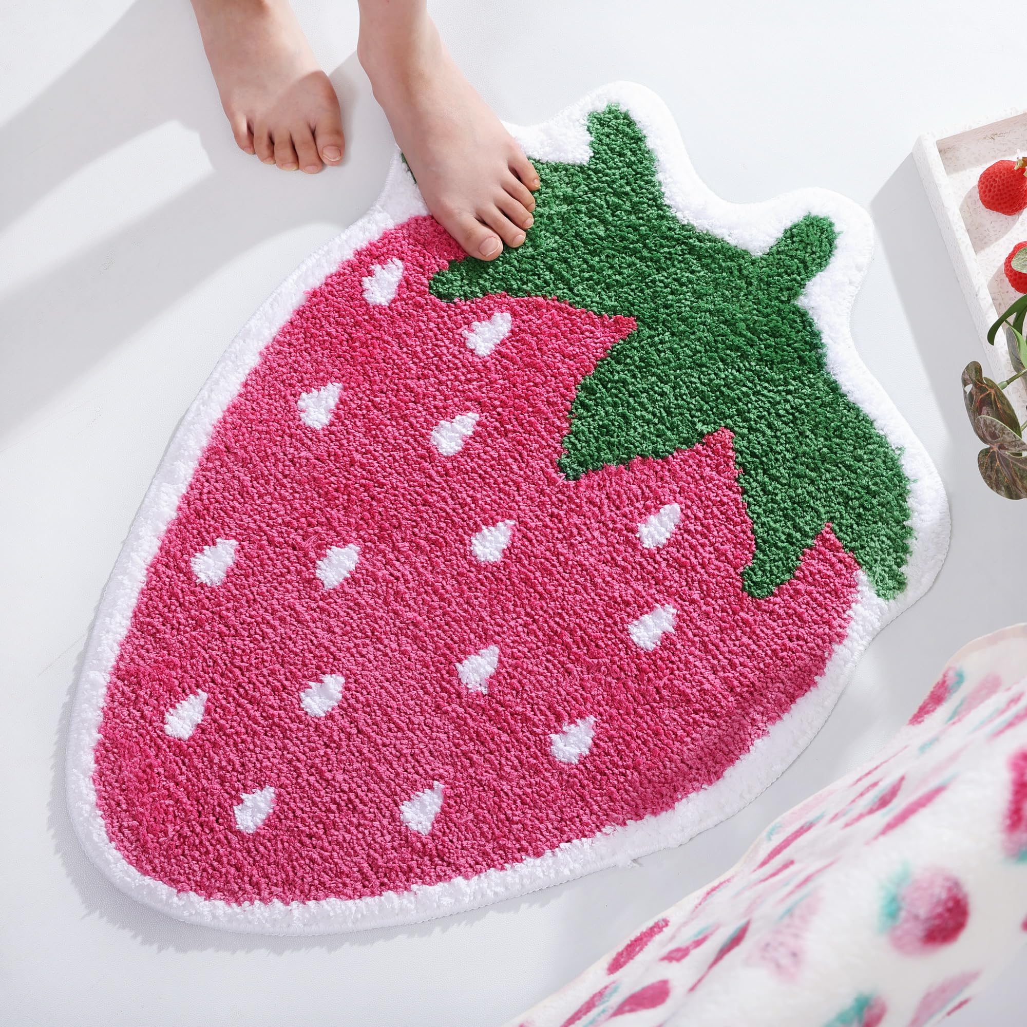 Frozzur Pink Strawberry Bath Mat, Bath Mats For Bathroom Fruit Shaped Bathtub Rug Bathroom Tub Plush Shower Rugs Washable Non Sl
