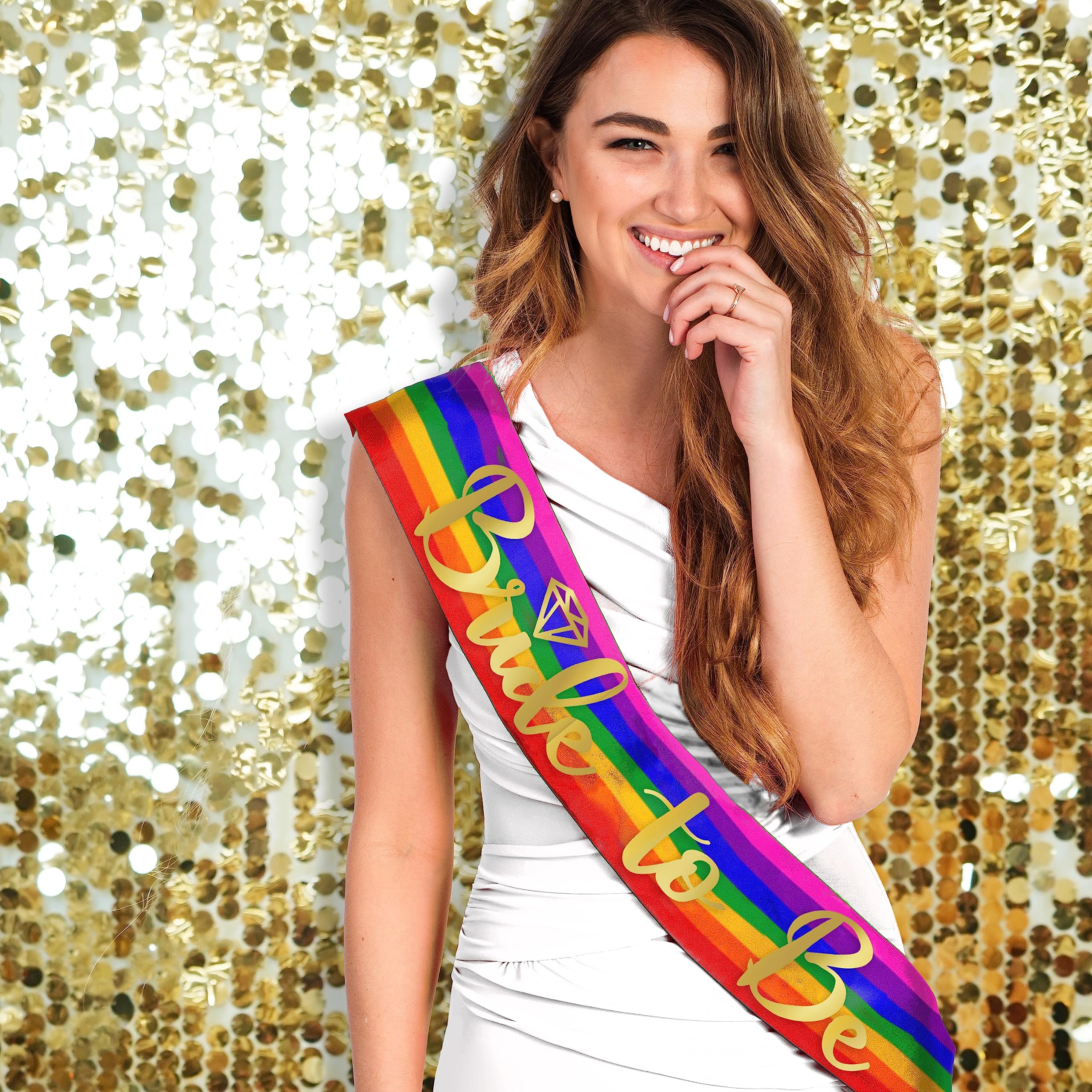 Rainbow Bride Gay Wedding Sash - Premium Bridal Grade Satin Metallic Gold Diamond Bride To Be Sash Lgbtiqa+ Pride Lesbian Sash(D