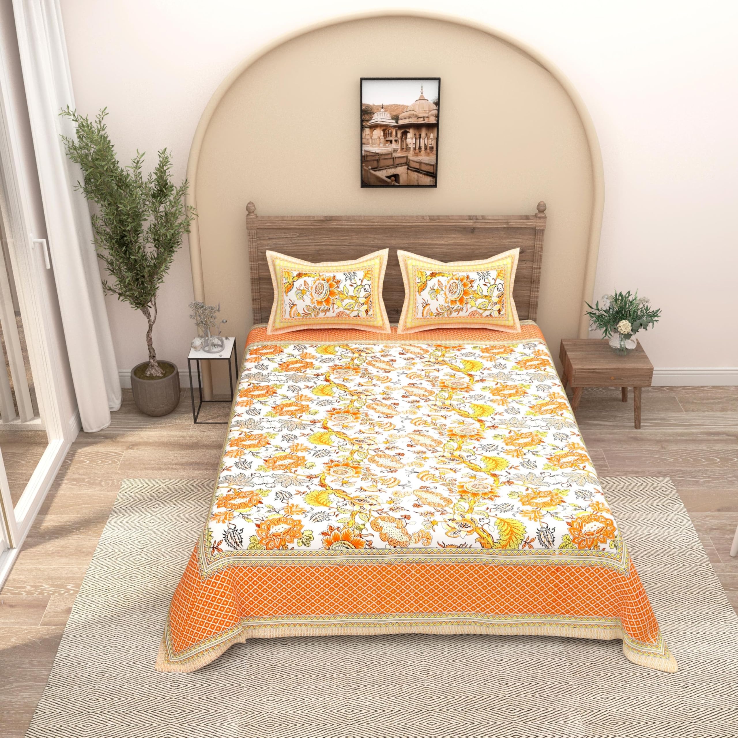 Easygoods Pure Cotton Ethnic Jaipuri Printed Double Bedsheet With 2 Pillow Covers | Soft & Breathable 240 Tc Fabric | Traditiona