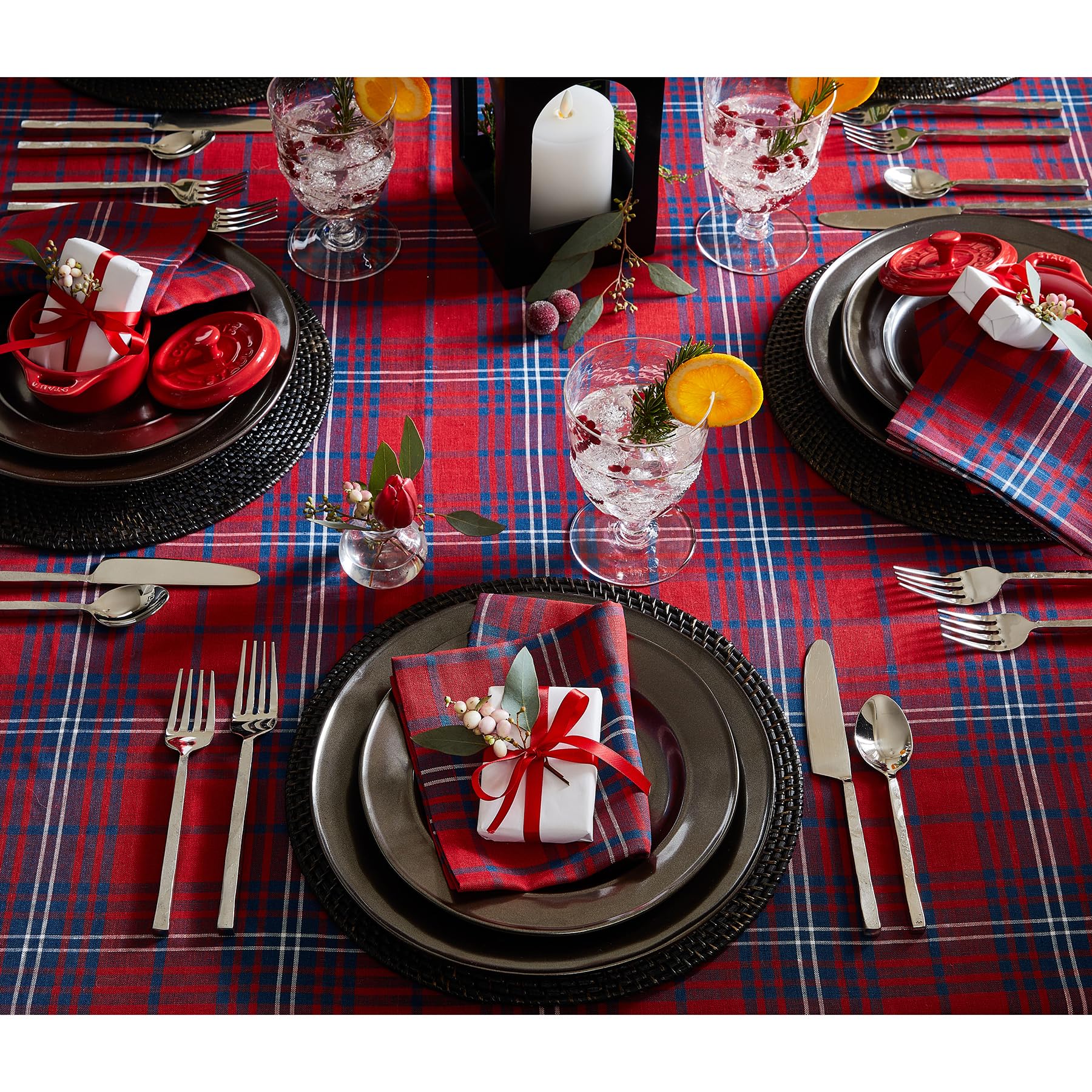 Solino Home Table Runner 36 Inch - 100% Pure Linen Red And Navy Tartan Plaid Table Runner 14 X 36 Inch - Handcrafted And Machine