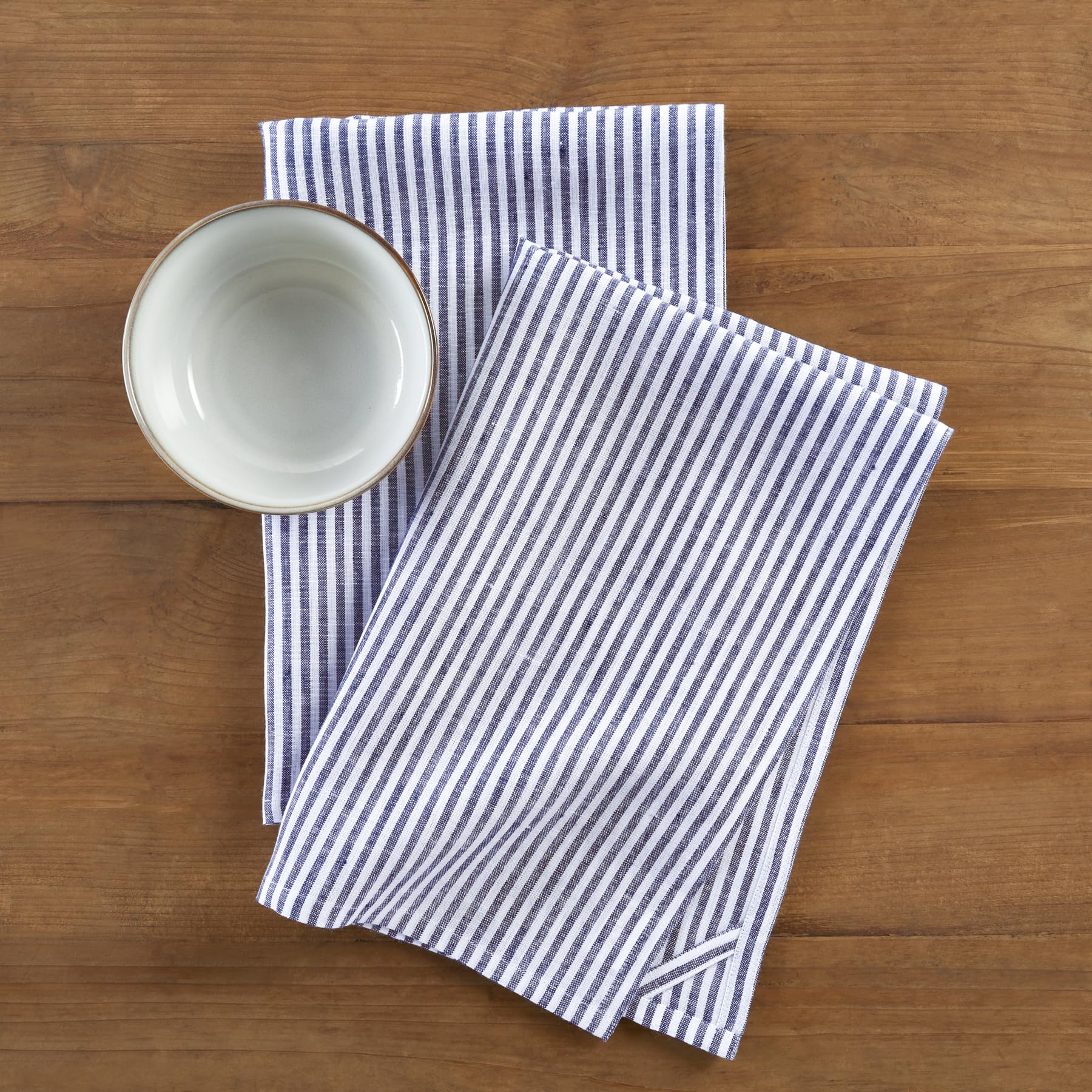 Solino Home Linen Kitchen Towels Set Of 2 - Navy And White 17 X 26 Inch - 100% Pure Linen Narrow Stripe Kitchen/Tea Towels - Mac