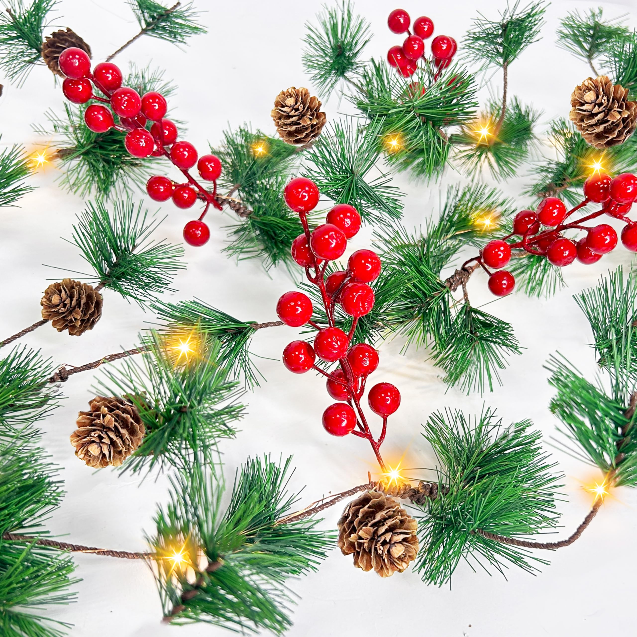 10Ft 30 LED Prelit Christmas Garland with Lights Timer, Garlands for Decoration Christmas Battery Operated Pine Cones Red Berrie