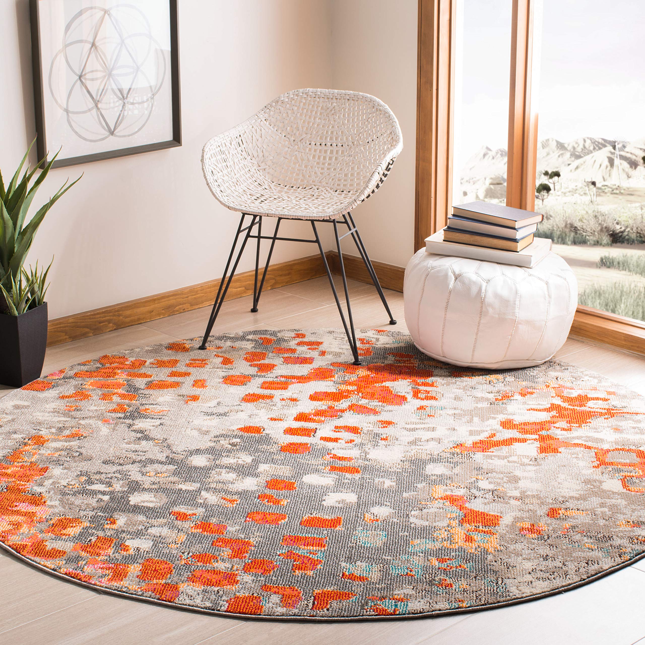 SAFAVIEH Madison Collection 9 Round Grey/Orange MAD425H Boho Abstract Distressed Non-Shedding Dining Room Entryway Foyer Living