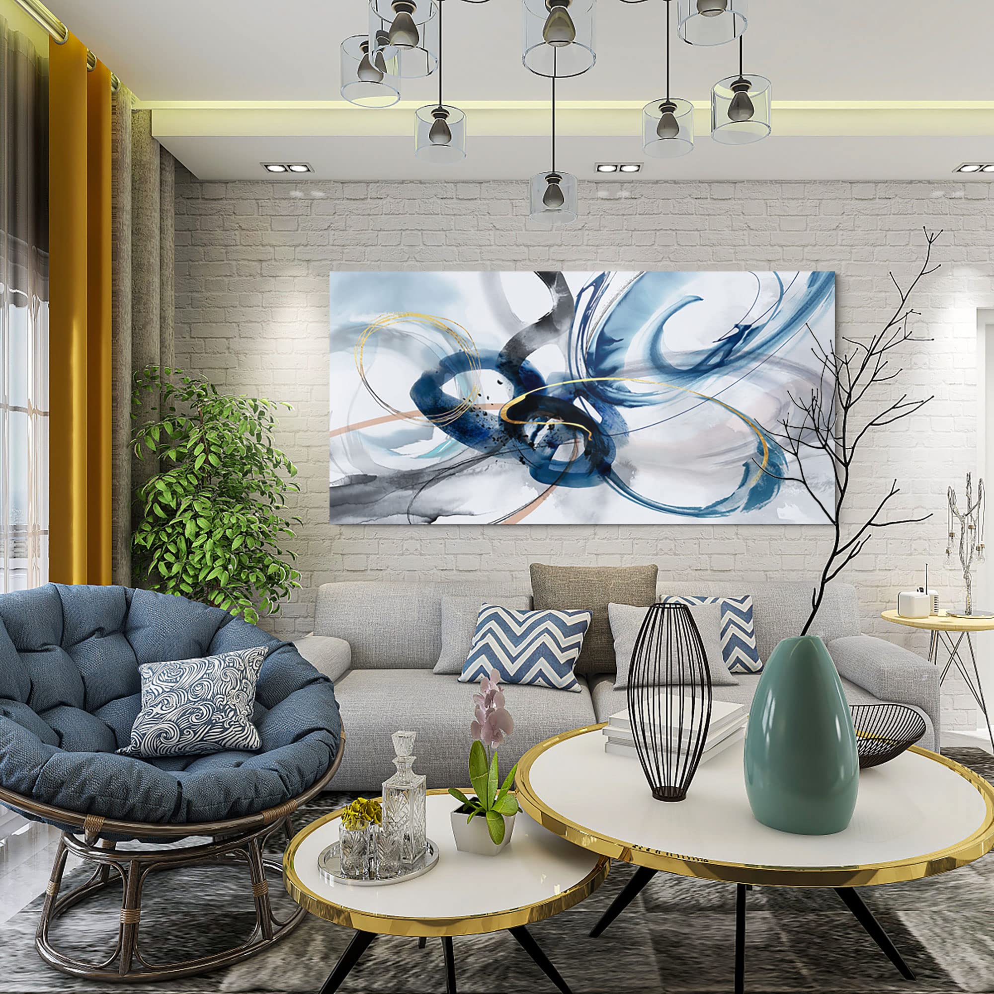 Yiijeah Large Abstract Canvas Art Elegant Combination Of Tones Modern Living Room Wall Decor Black And White Gray Background Blu