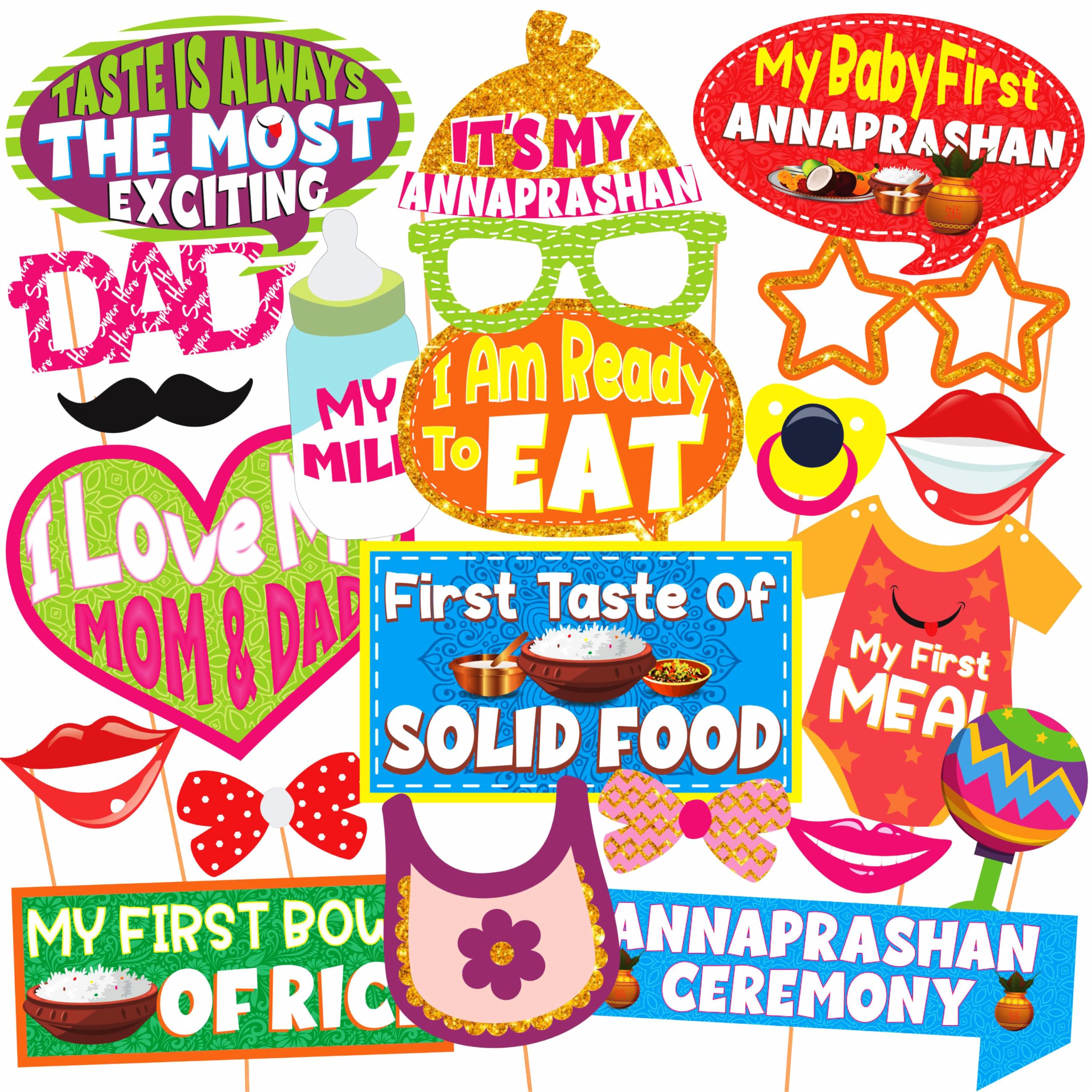WOBBOX Photo Booth Party Props with Bunting Banner Hindi Shubh Annaprashan Red & Golden Gliter Color Font, Decoration Item