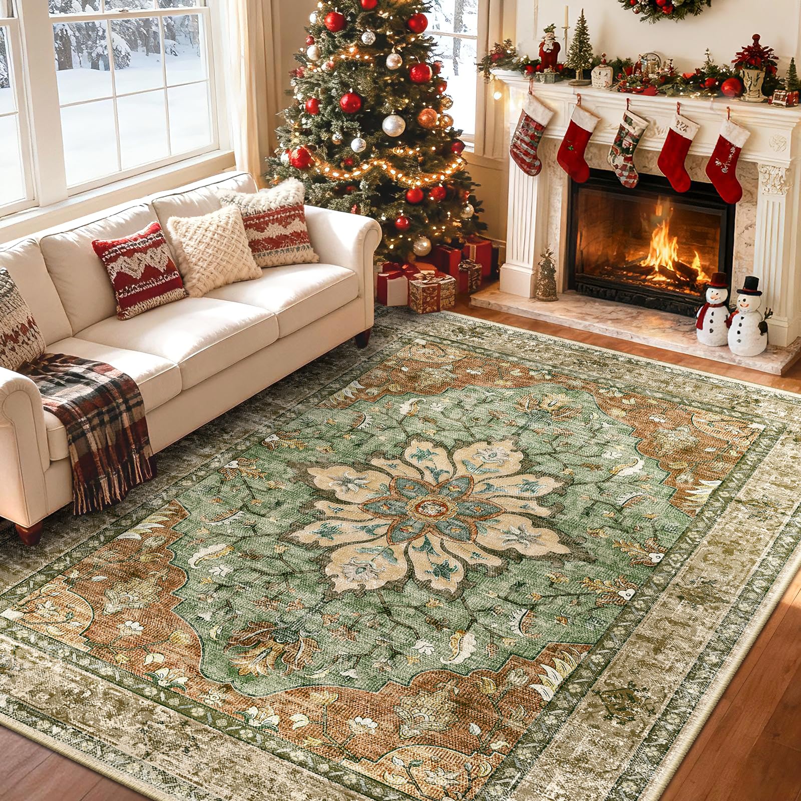 RELEANY Area Rugs 5x8 Washable Non-Slip, Floral Vintage Distress Print Pattern Medallion Carpet for Living Room Bedroom Dining