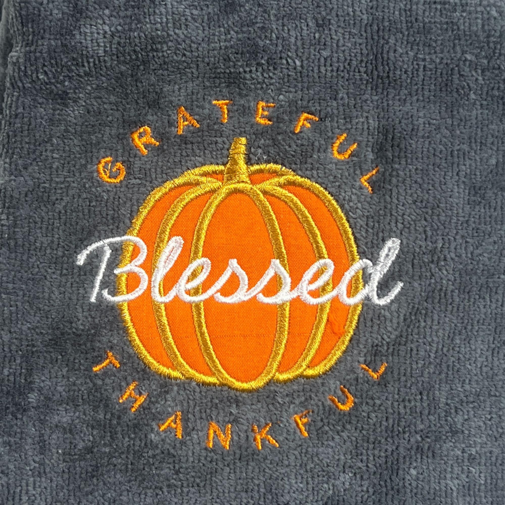 Serafina Home Fall Hand Towels: Grateful Thankful Blessed Orange Pumpkin Embroidery On Grey Cotton, 2 Piece Set, 16'' X 25'' Inc
