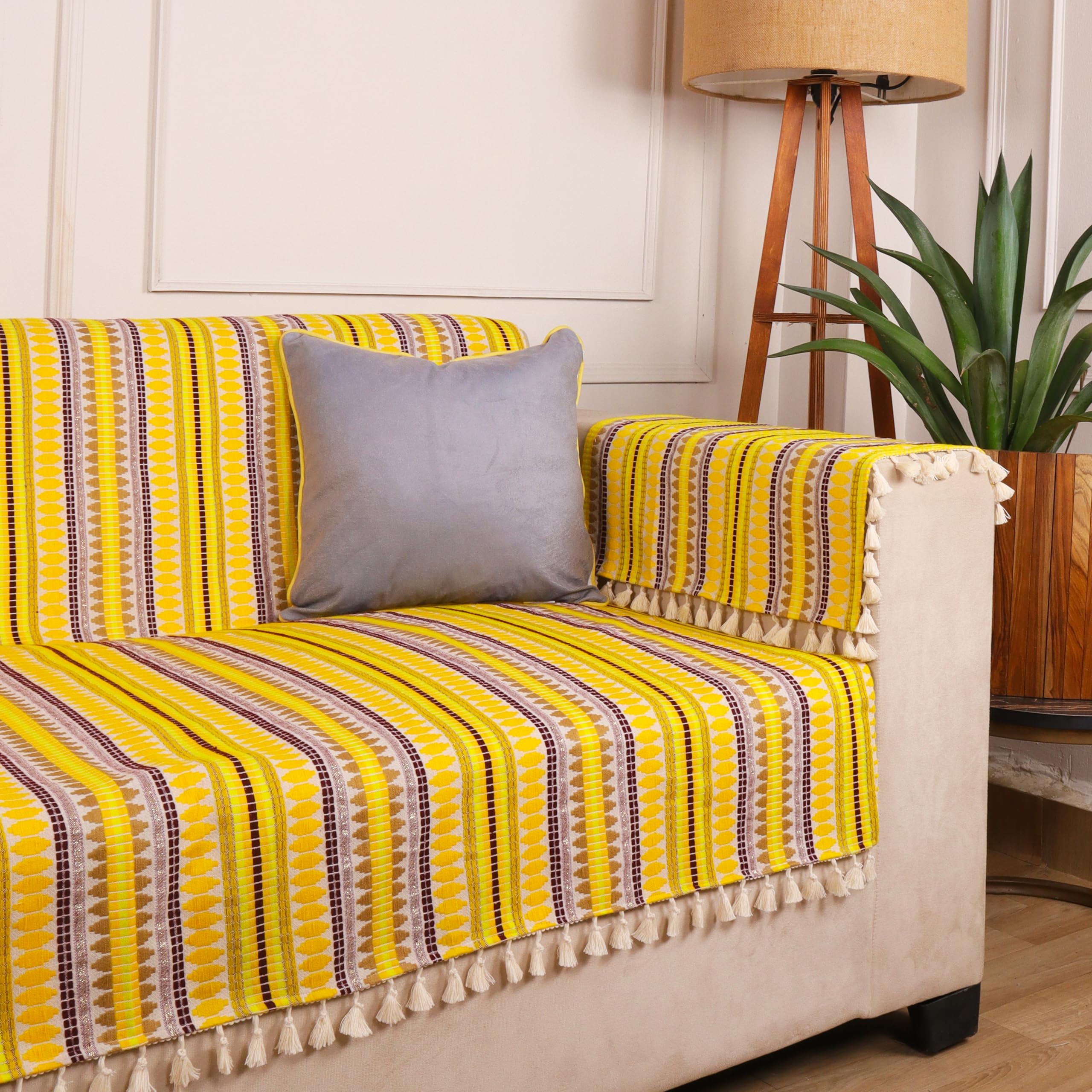 Stitchnest Woven 3 Seater Sofa Protector With 2 Hand Rest Covers  Yellow & White Stripe Design  Washable Fabric With Tassels 