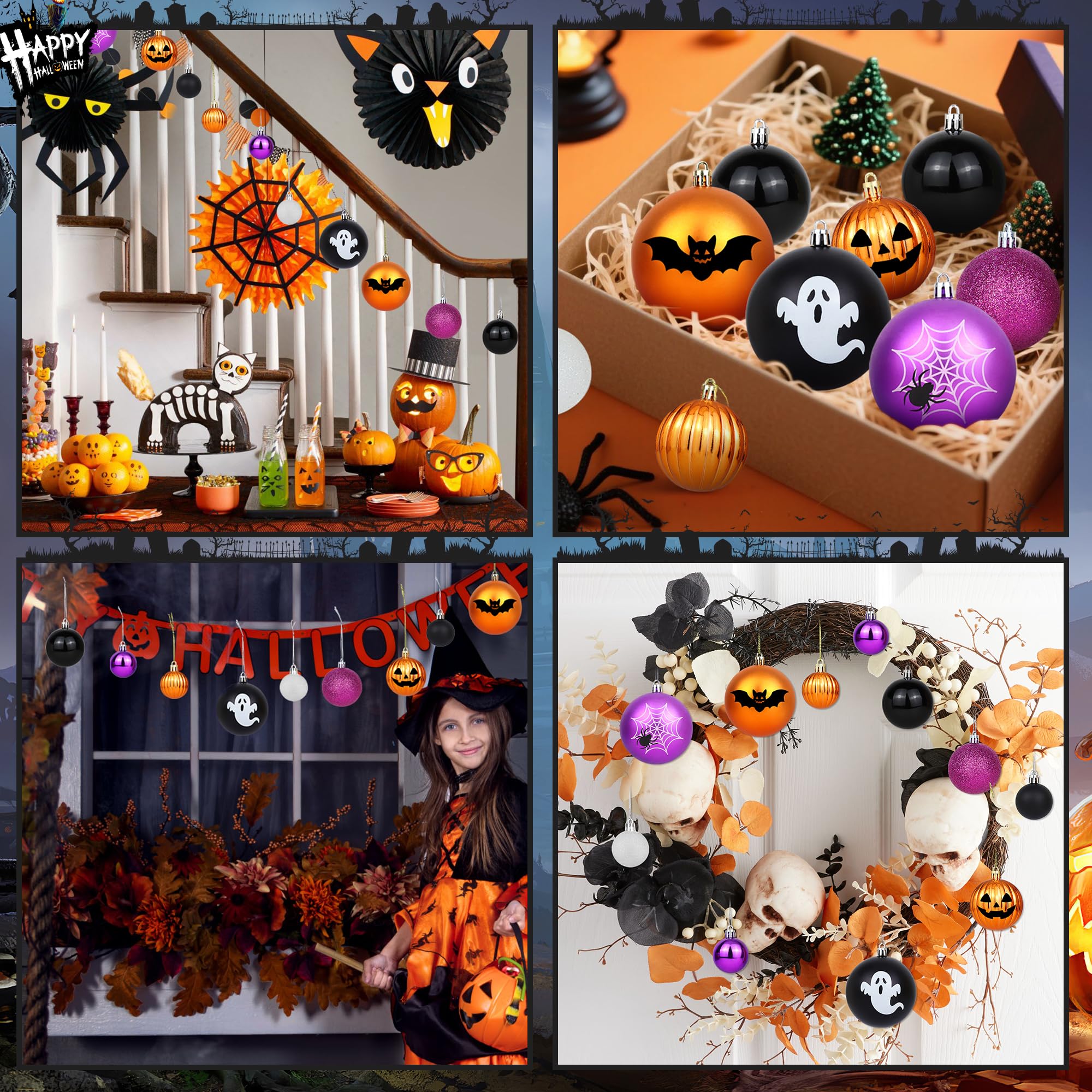 Halloween Ball Ornaments for Tree, 36PCS Halloween Tree Decorations Shatterproof Pumpkin Bat Spider Ghost Ornaments Hanging Ball