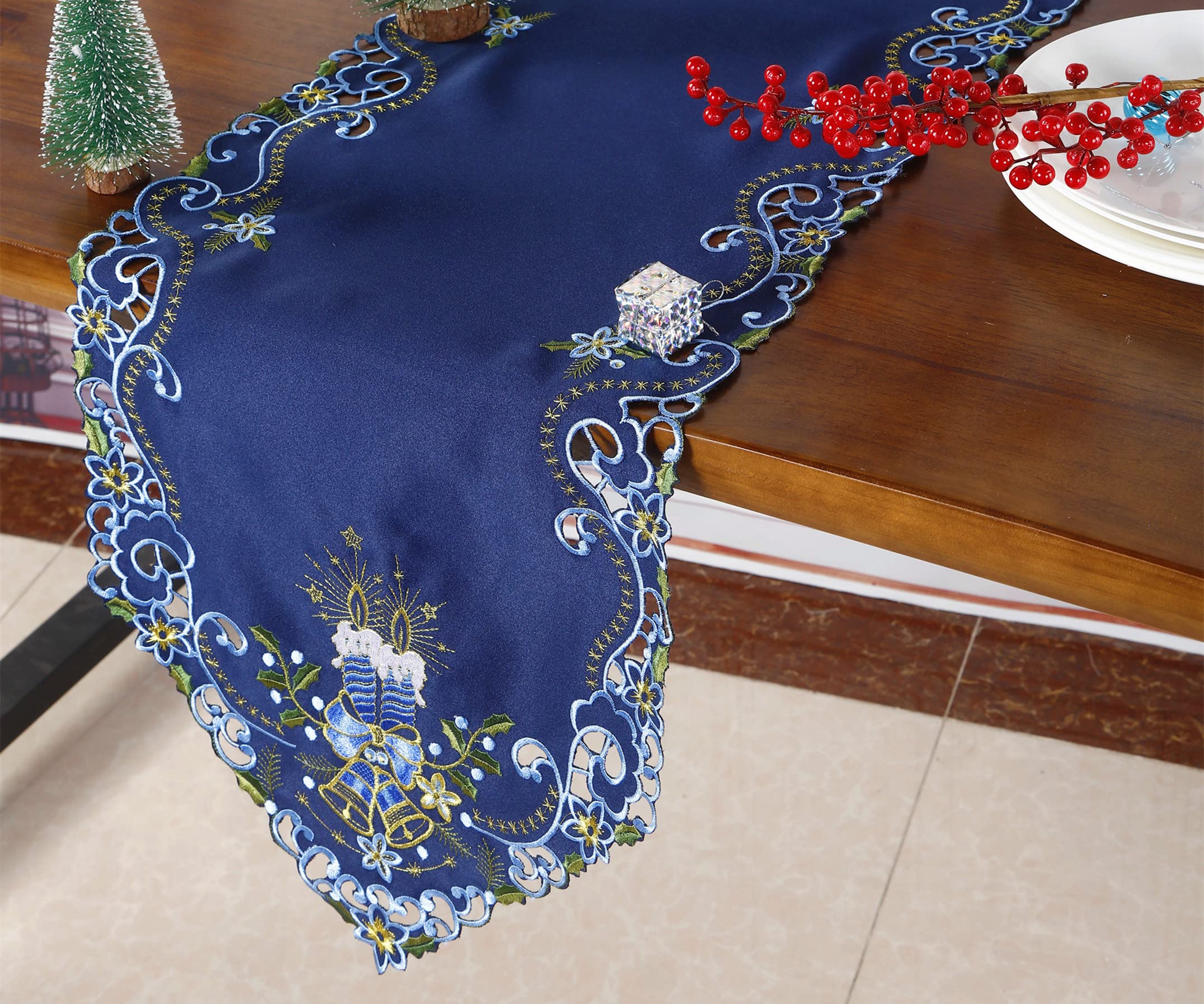 Holiday Christmas Table Runner, Cutwork Embroidered Floral Blue Christmas Candles And Dark Blue Fabric Dresser Scarf Table Toppe