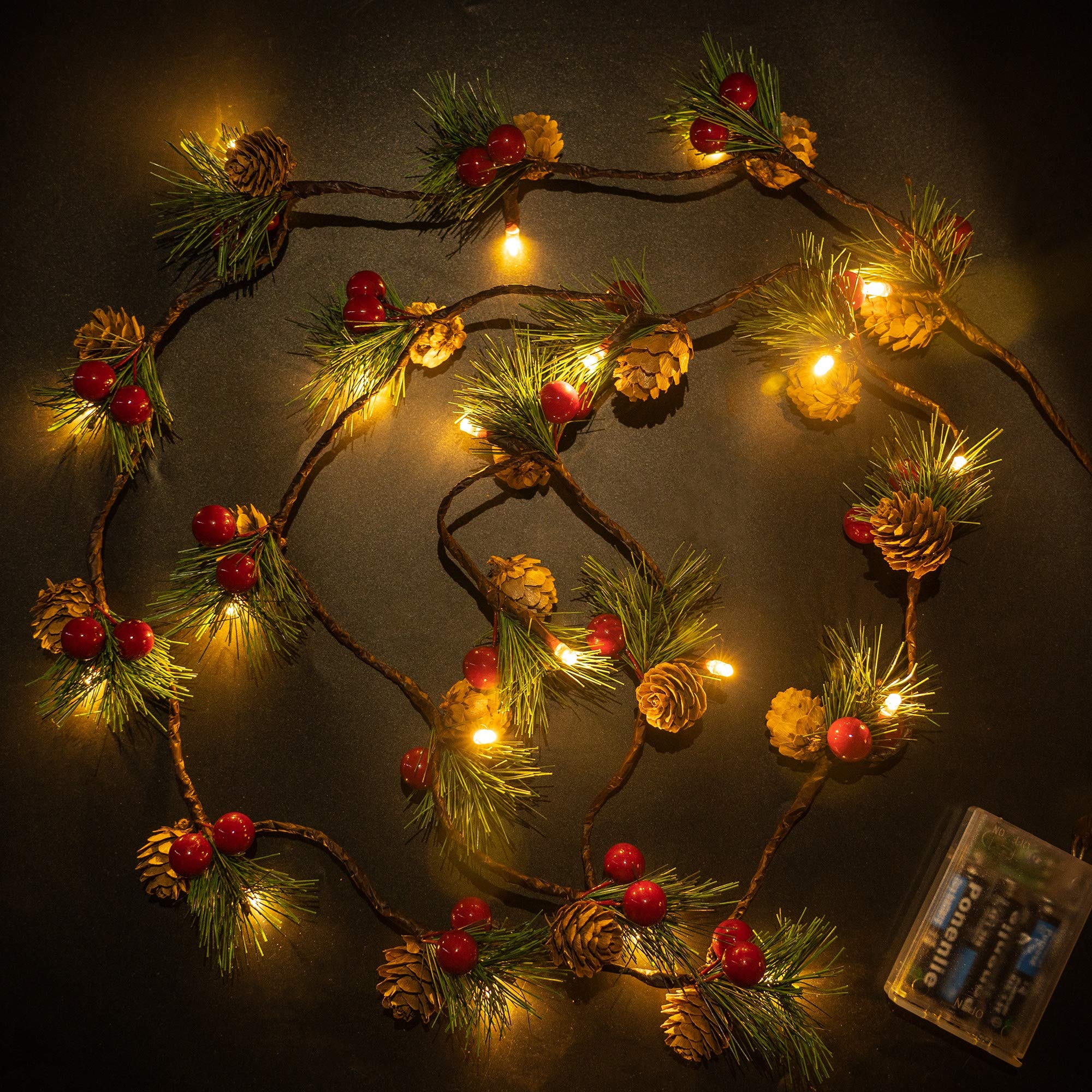 FUNPENY Christmas PineCones String Lights, 6.56Ft 20 LED Pine Needles Red Berries Fall Light Garland, Indoor Outdoor Decor for T