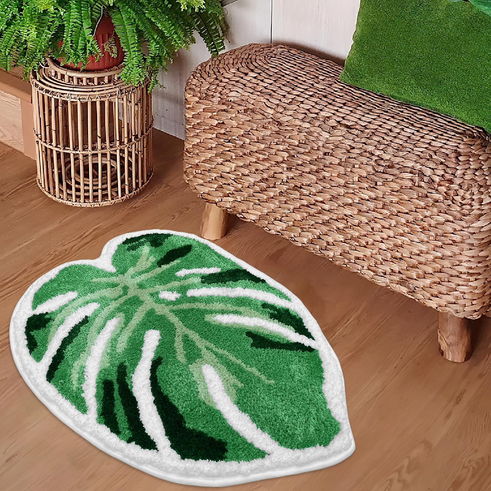 Sisher Leaf Rug Cute Monstera Rug Non Slip Bath Mat Absorbent Monstera Bath Mat Fun Kitchen Or Bathtub Rugs Green Bath Mat(21''X