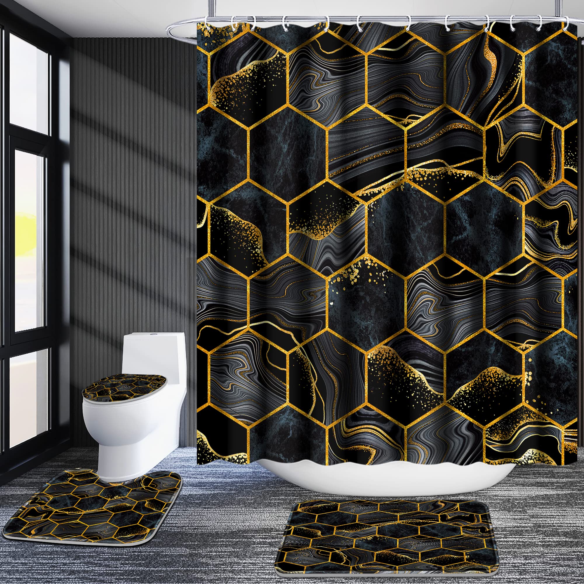 Poedist Shower Curtain Set with Non-Slip Rugs, Waterproof, 71"W x 71"L, Black, Polyester