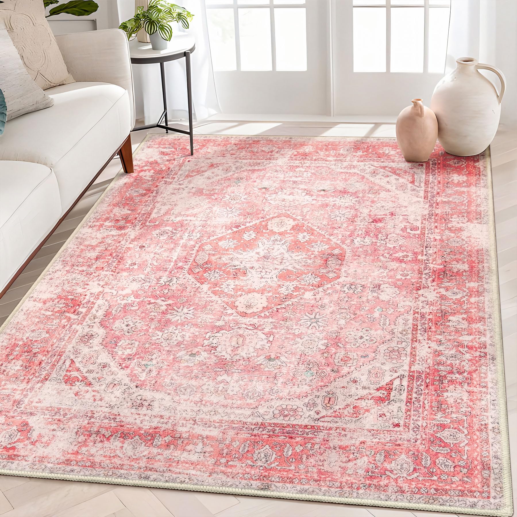 MUJOO Pink Rugs for Bedroom 5x7 Area Rugs Girls Boho Rugs for Living Room Washable Rug Non Slip Throw Carpet for Bedside Dorm Di