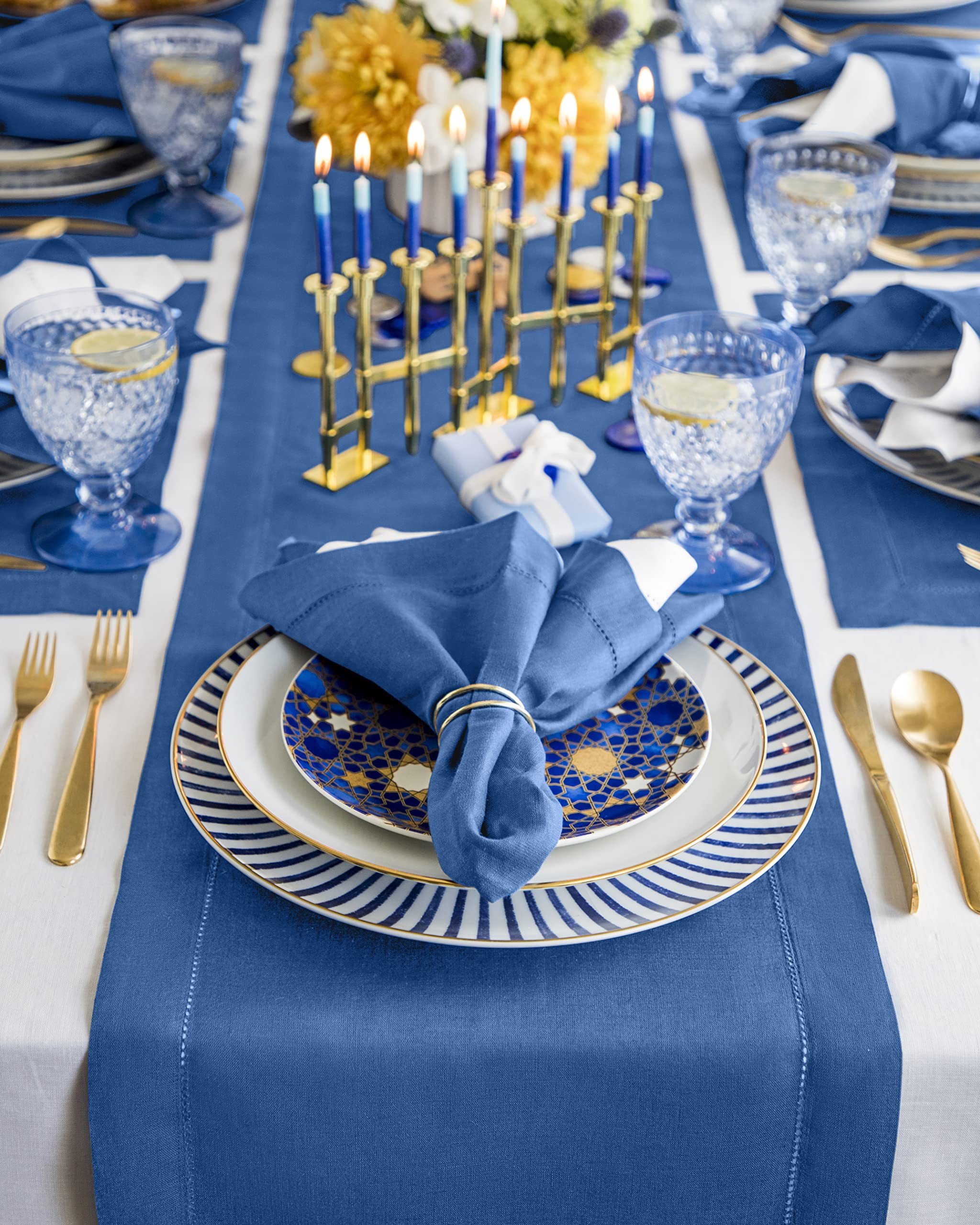Solino Home Indigo Blue Linen Table Runner 120 Inches Long - 100% Pure Linen Classic Hemstitch Table Runner 14 X 120 Inch - Mach