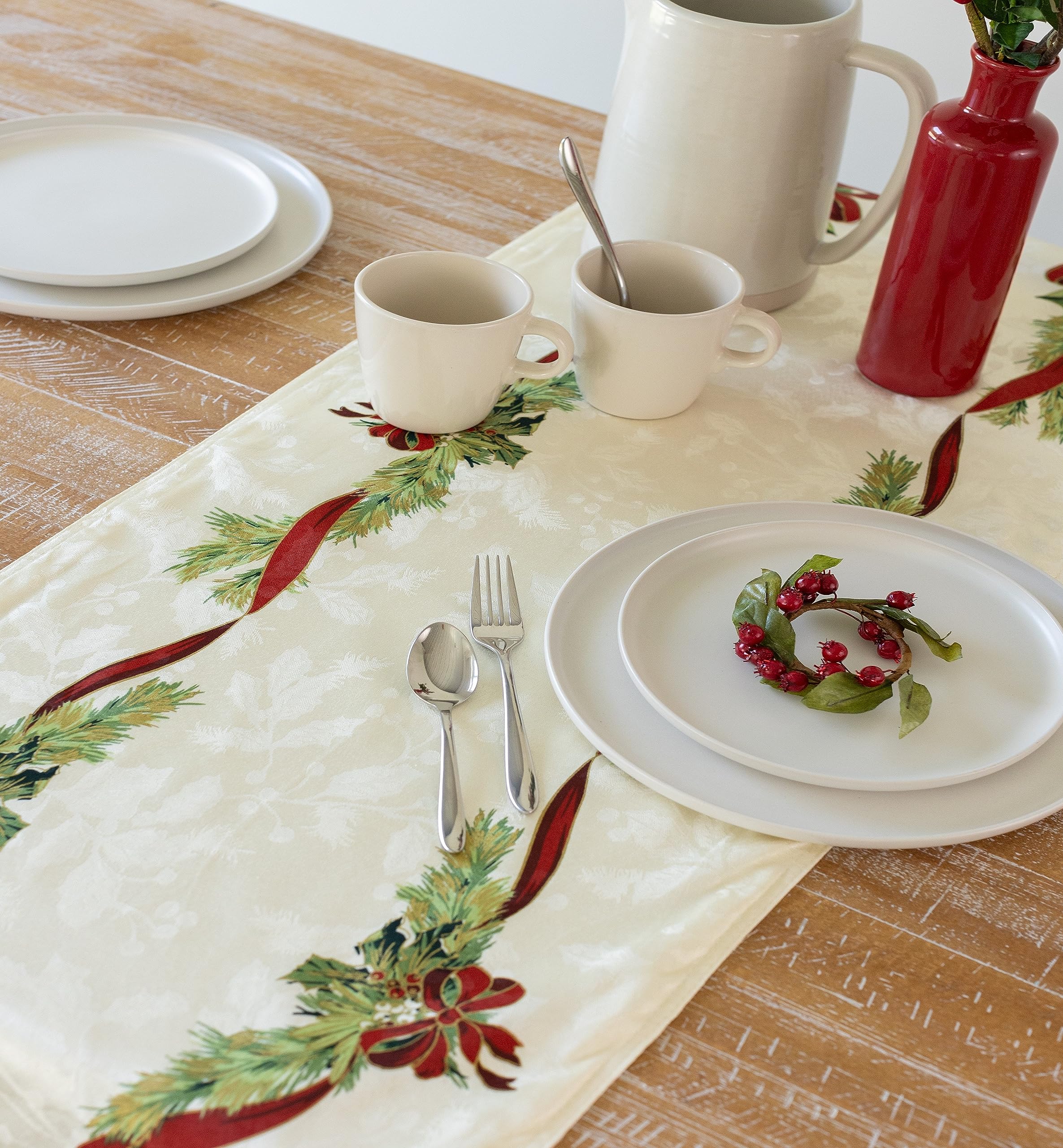 Benson Mills Christmas Ribbons Engineered Printed Fabric Table Runner, Winter, Holiday And Christmas Tablecloth (16'' X 90'' Tab