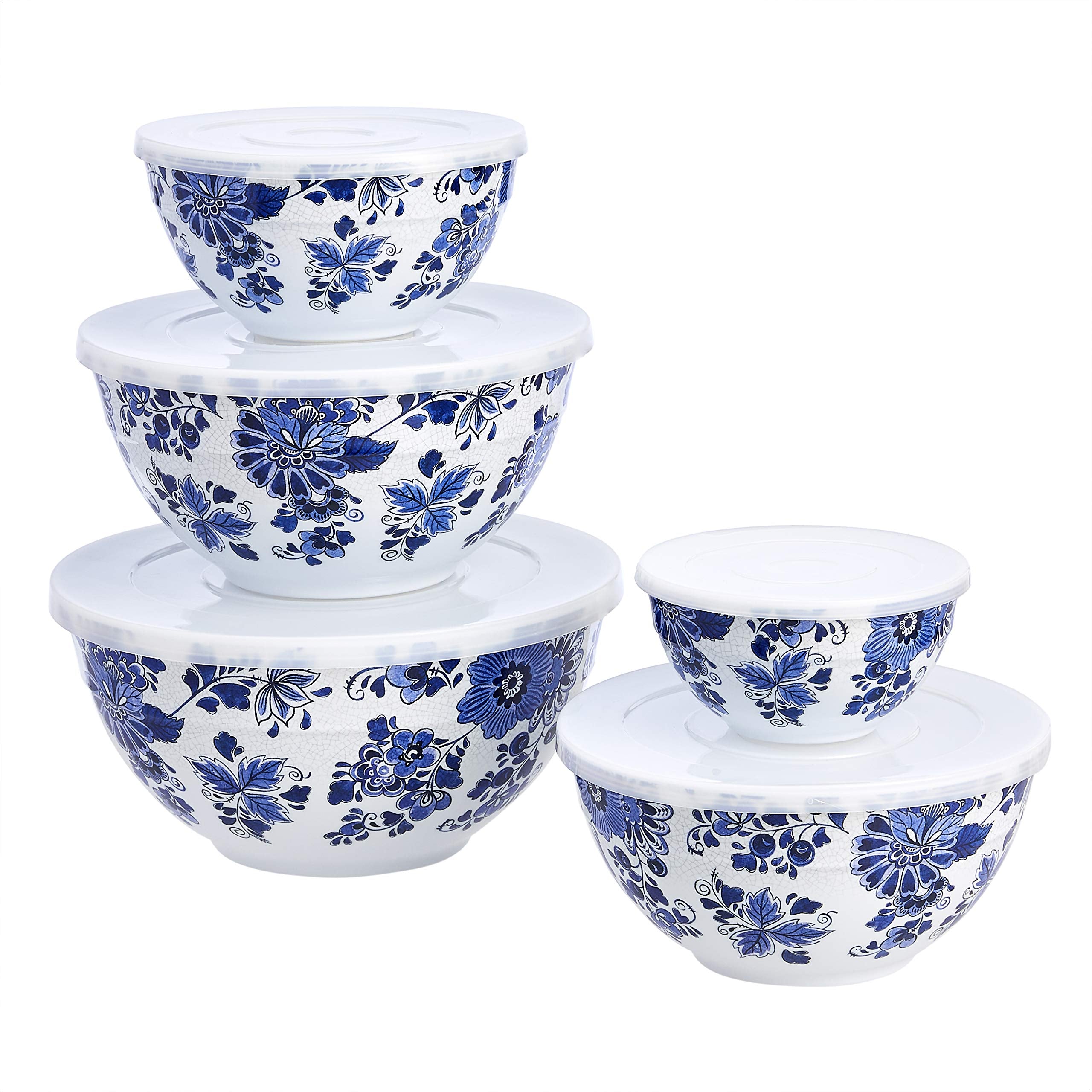 Amazon Basics Nesting Melamine Mixing Round Bowl with Lid and Non-Slip Base, 5 Sizes, Blue and White Floral, Set of 10, 4 quarts