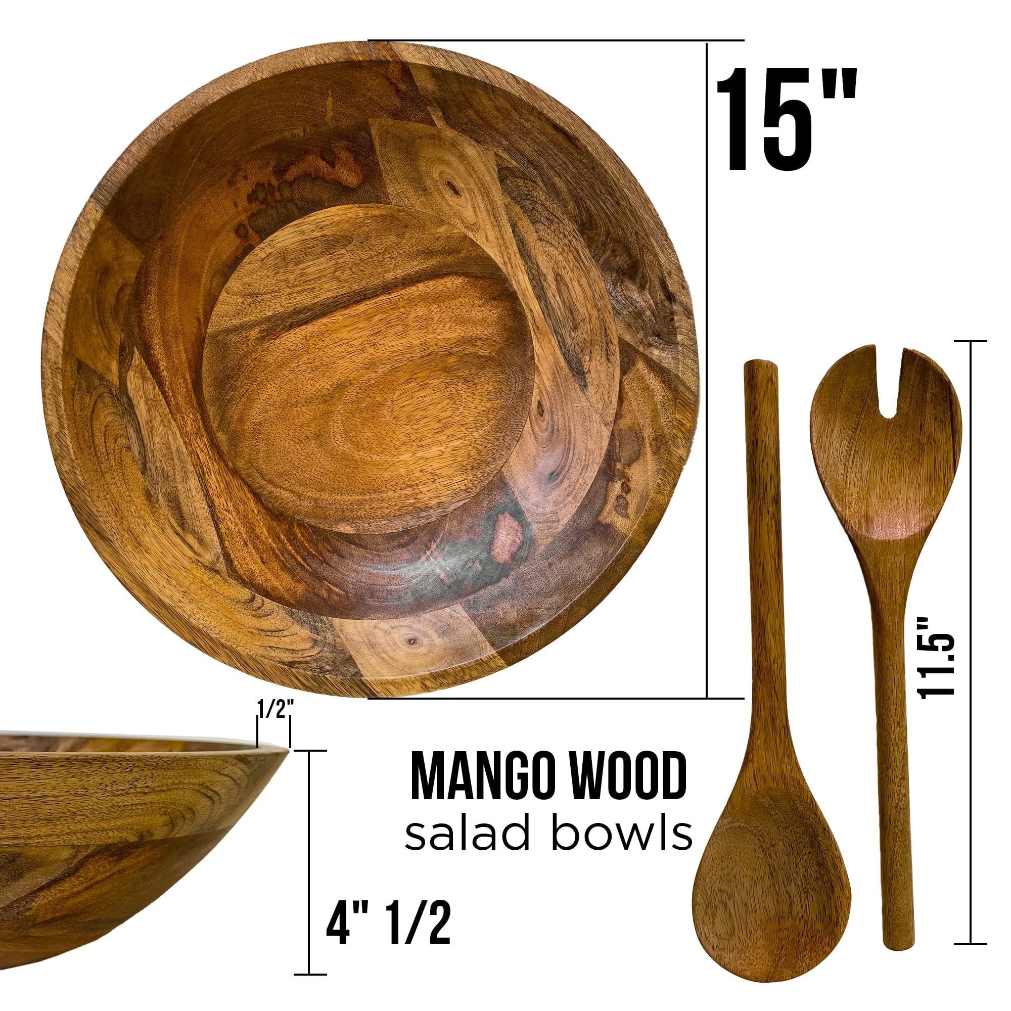 Fairwood Way Wood Salad Bowl Set - 15 Inch Extra Large Wooden Salad Bowl With Serving Utensils - Mango Wood Serving Bowl With Sa