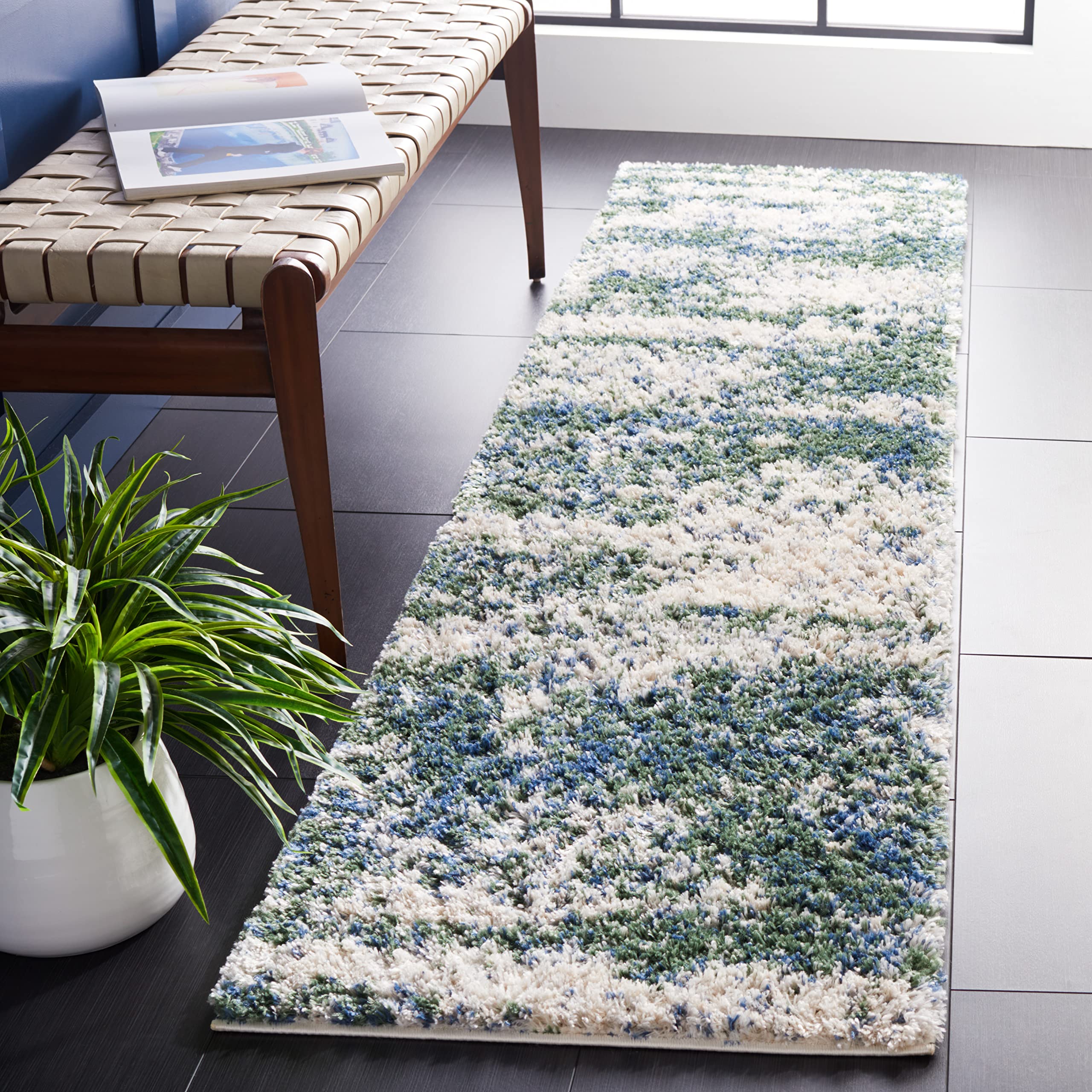 Safavieh Berber Shag Collection Runner Rug - 2 x 12, Green & Beige, Modern Abstract Design, Non-Shedding & Easy Care, 1.2-inch