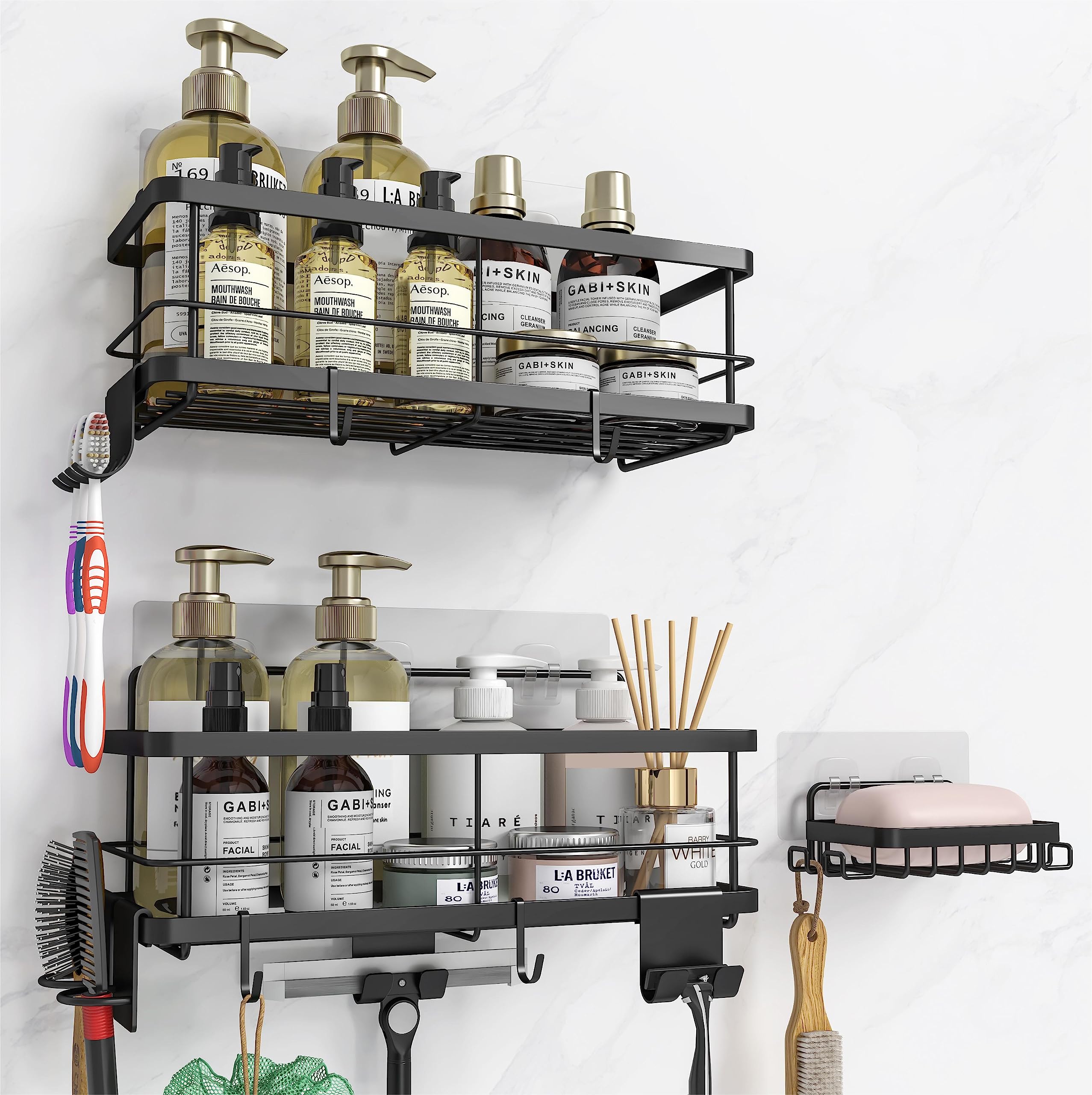 Pimvans Shower Caddy, Adhesive Improved Shower Shelves [9 Detachable Shower Accessories,Soap Dish], Stainless Steel Bathroom Org