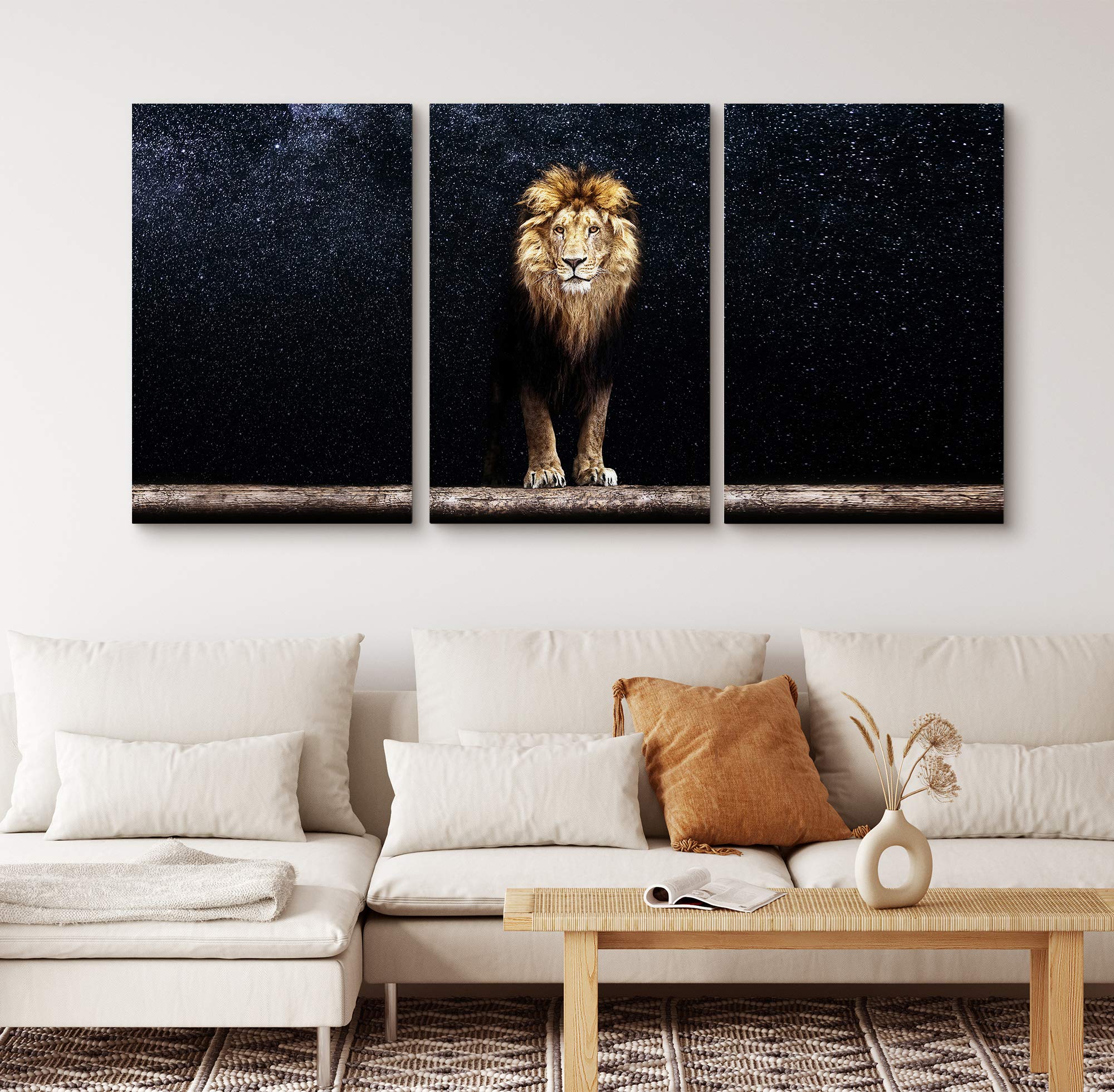 Signford Canvas Print Wall Art Set Lion Portrait In The Dark Galaxy Animals Wilderness Mixed Media Modern Art Contemporary Sceni