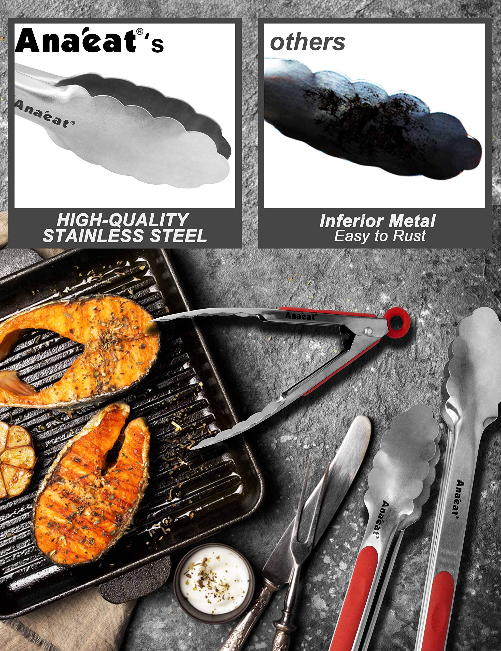 Anaeat Premium Sturdy Barbecue Tongs For Kitchen Grill & Bbq - 7,9,12 Inch Non-Slip Stainless Steel Locking Tongs Heat Resistant