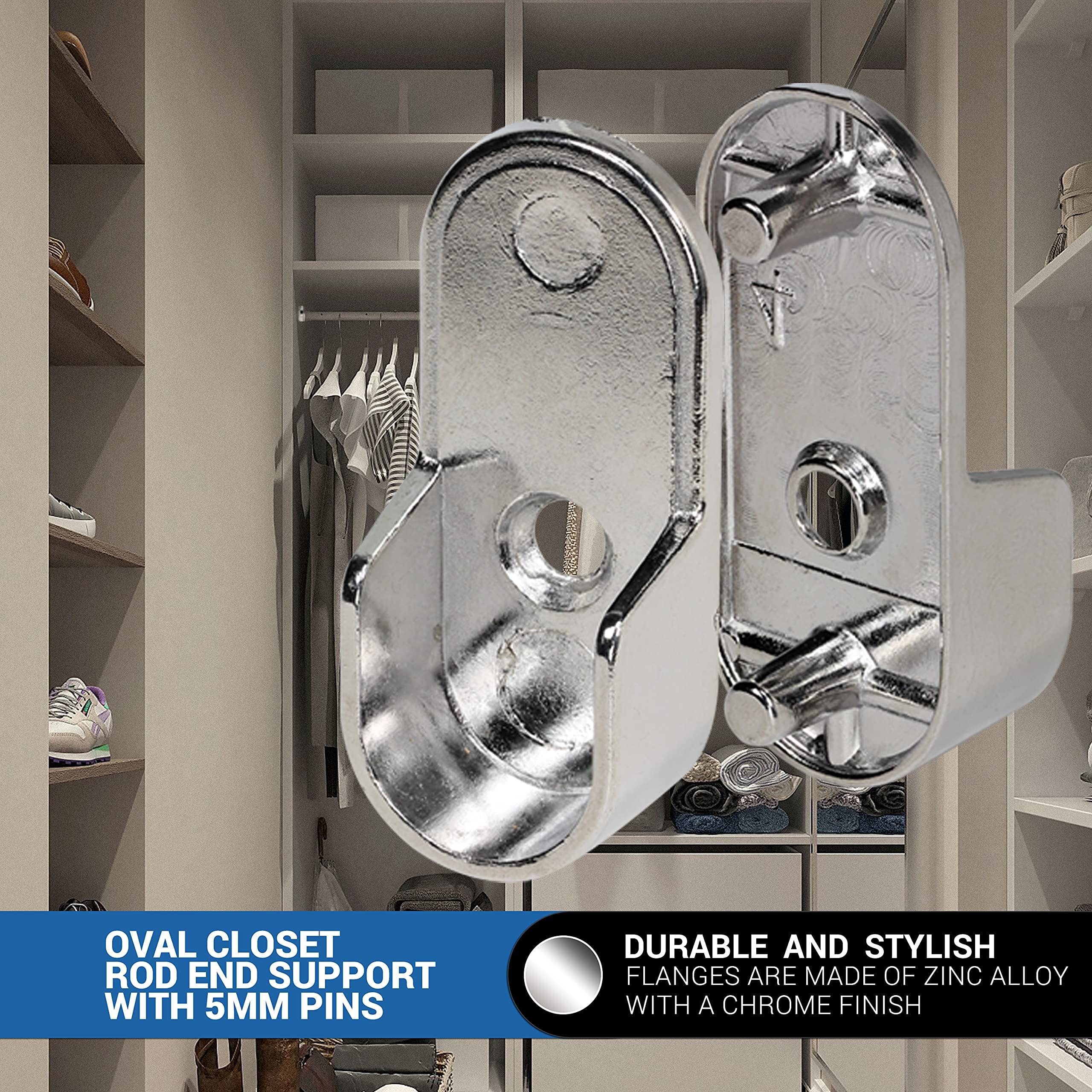 Rok Hardware Chrome 1-3/16 '' (30 Mm) X 19/32 '' (15Mm) Oval Closet Rod End Support With 3/16 '' (5Mm) Pins 30X15X5Mmch (2 Pack)