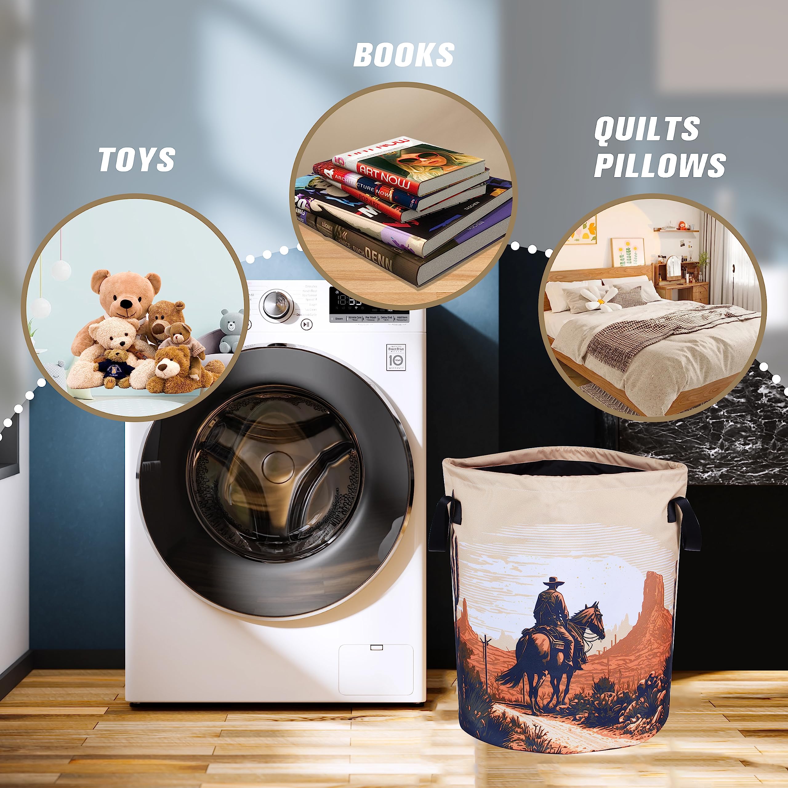 Western Cowboy Laundry Basket Desert Riding Foldable Oxford Cloth Funny Tote Bag Laundry Hamper Clothes Storage Bucket Organizer