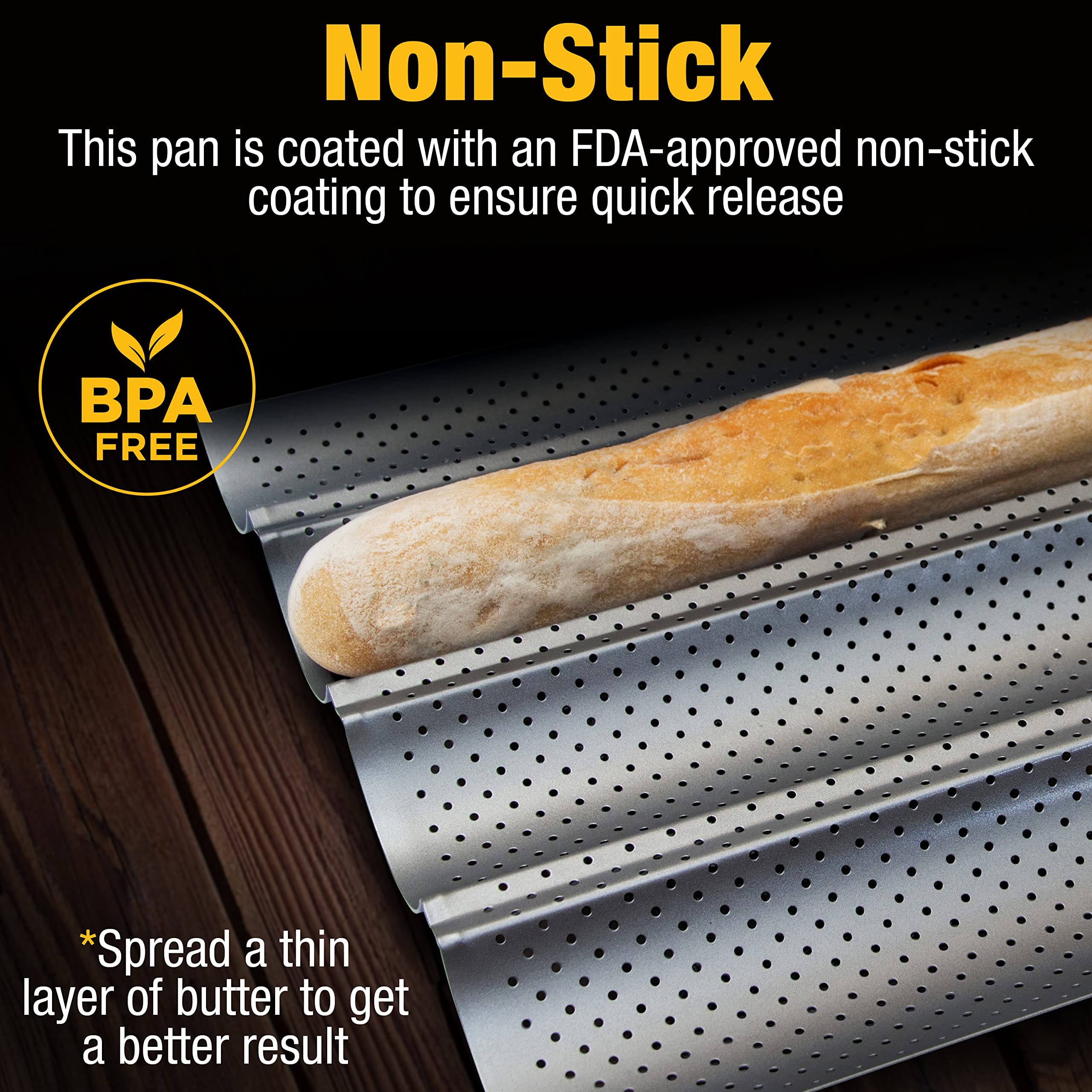 Nonstick Baguette Pan For Baking - 15'' X 13'' Easy To Remove & Perforated French Bread Baking Pan - Long French Bread Pan & Ita