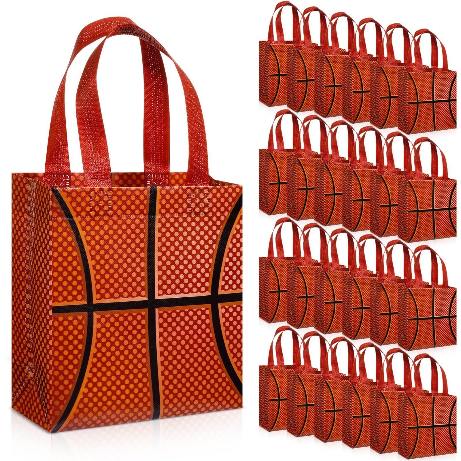 Huhumy 24 Pcs Sports Party Favor Bags Football Basketball Baseball Soccer Treat Goodie Gift Bag with Handles for Party Gift(Bask