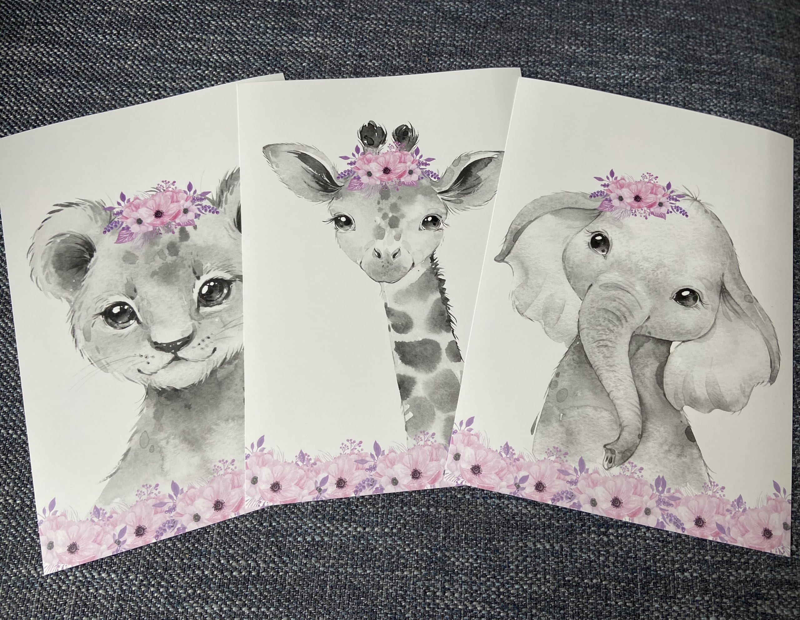 Safari Animals Baby Girls Nursery Set of 3 Unframed Wall Art Prints  Gray Baby Animals with Pink Flowers  Child Bedroom Nursery Decor Posters  Giraffe Elephant Lion (8x10)