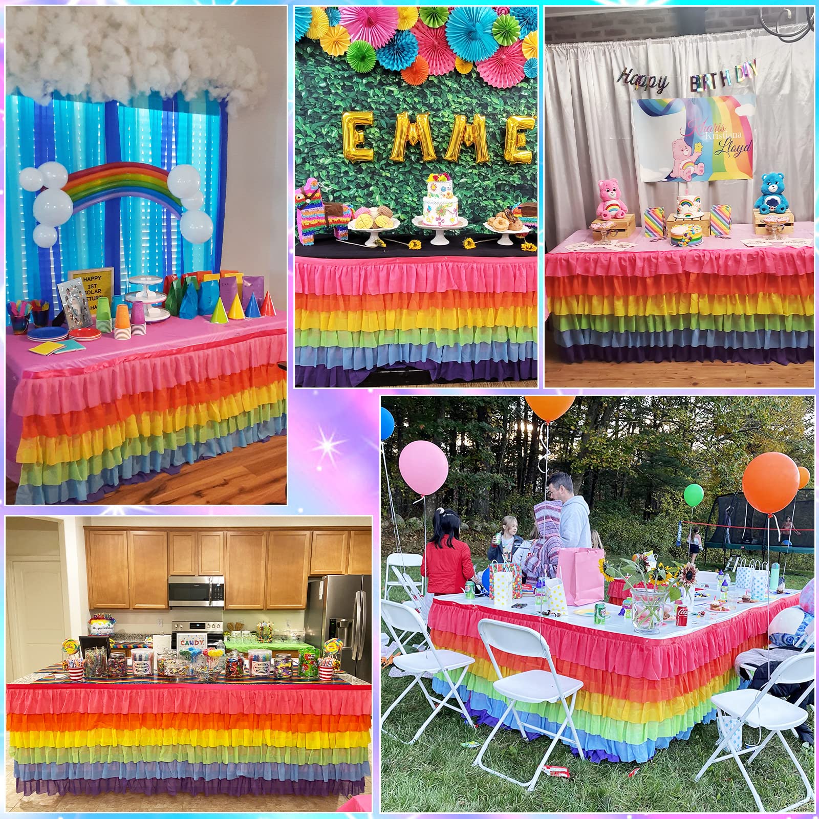 Besutolife Rainbow Tablecloth Ruffle Tutu Table Skirt For Rectangle Table 6Ft Birthday Uincorn Rainbow Party Decoration