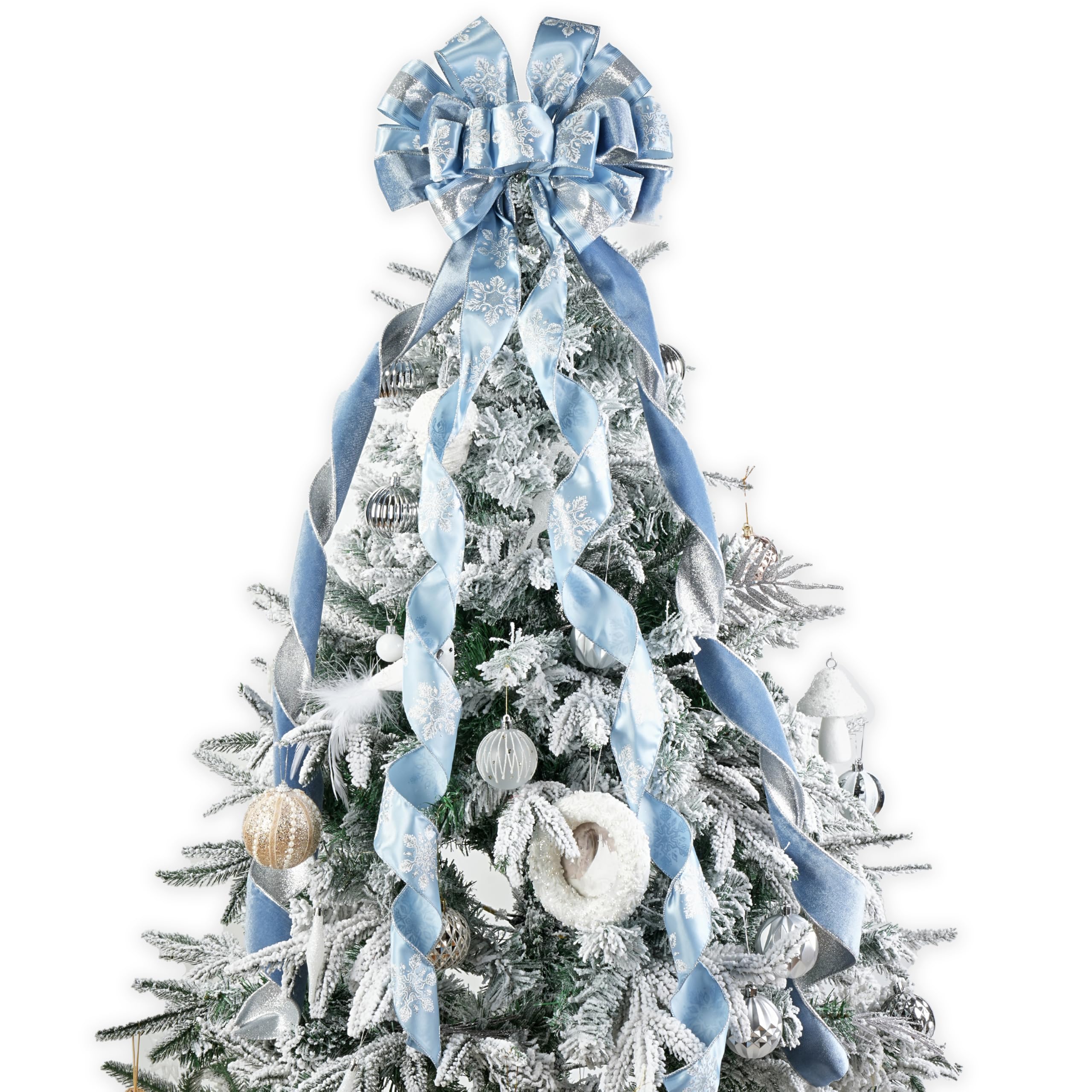 LIZLOVESS Dusty Blue and Silver Christmas Tree Toppers 13 x 53 Inch Large Decorative Bows with Streamer and Snowflake Patterns f