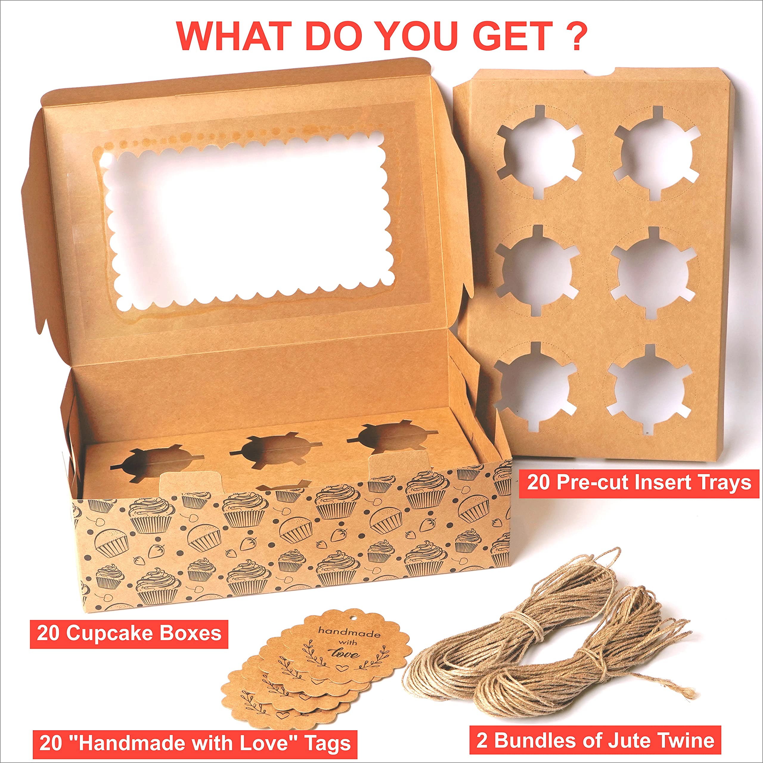 Mudrit 20-Pack Brown Cupcake Boxes With Insert Trays, Tags And Twine | Food Grade Kraft Bakery Boxes With Window To Fit 6 Cupcak