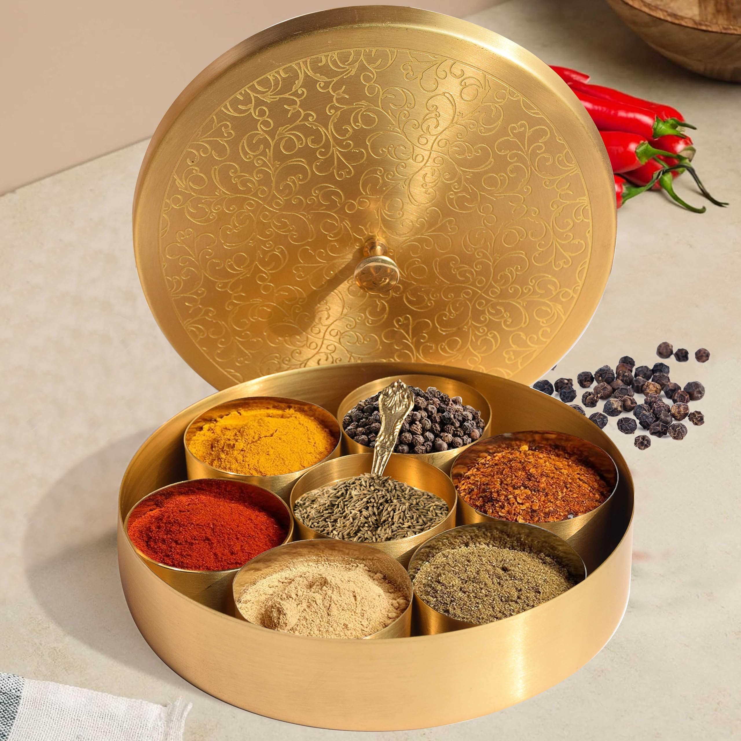 Pure Source India Brass Spice Box, Masala Dabba Masaladani/Organisers For Kitchen With Spoon (7 Containers, 80 Ml Each) With 1 S