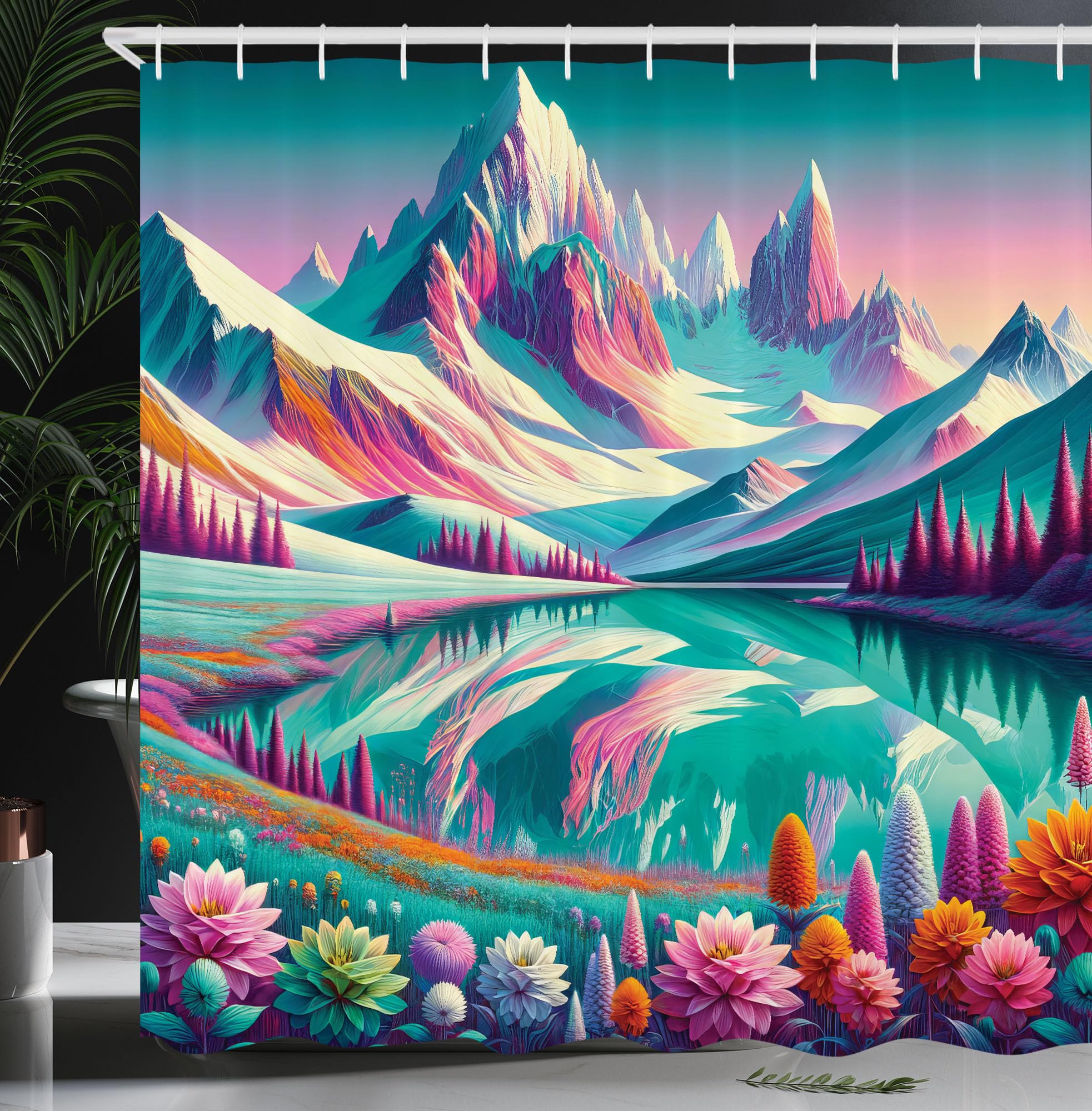 Ambesonne Lake Shower Curtain, Dreamland Illustration Of Fantasy Tones Flowery Meadow And Mountain Scene, Cloth Fabric Bathroom