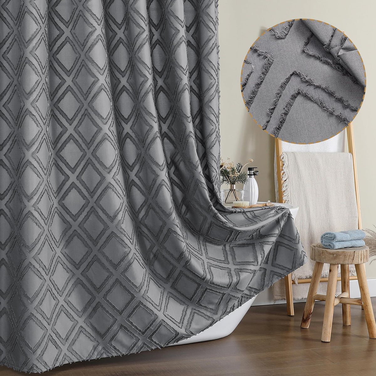 Owenie Grey Shower Curtain Set, Jacquard Geometric Textured Fabric Boho Shower Curtains For Bathroom, Soft Hotel Style Farmhouse