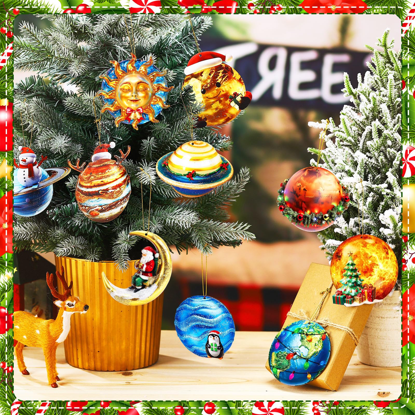 Vercraft 20 Pcs Eight Planets Hanging Christmas Ornaments with Santa Hat Flat Wooden Outer Space Solar System Cutouts Sun Earth