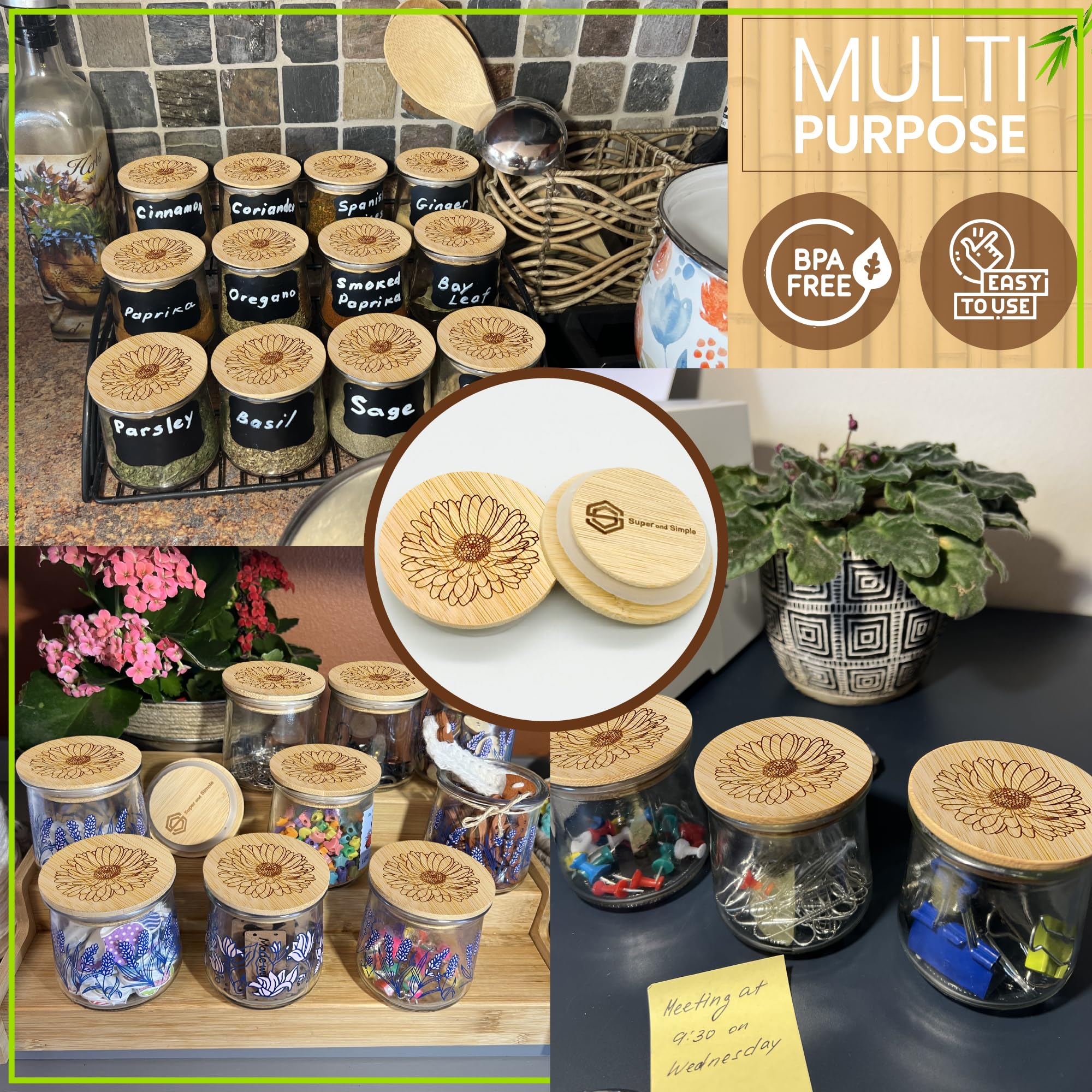 Super and Simple Oui Yogurt Jar Lids, 4-Piece Bamboo Set with Silicone Sealing Rings, Natural Color, Model 1