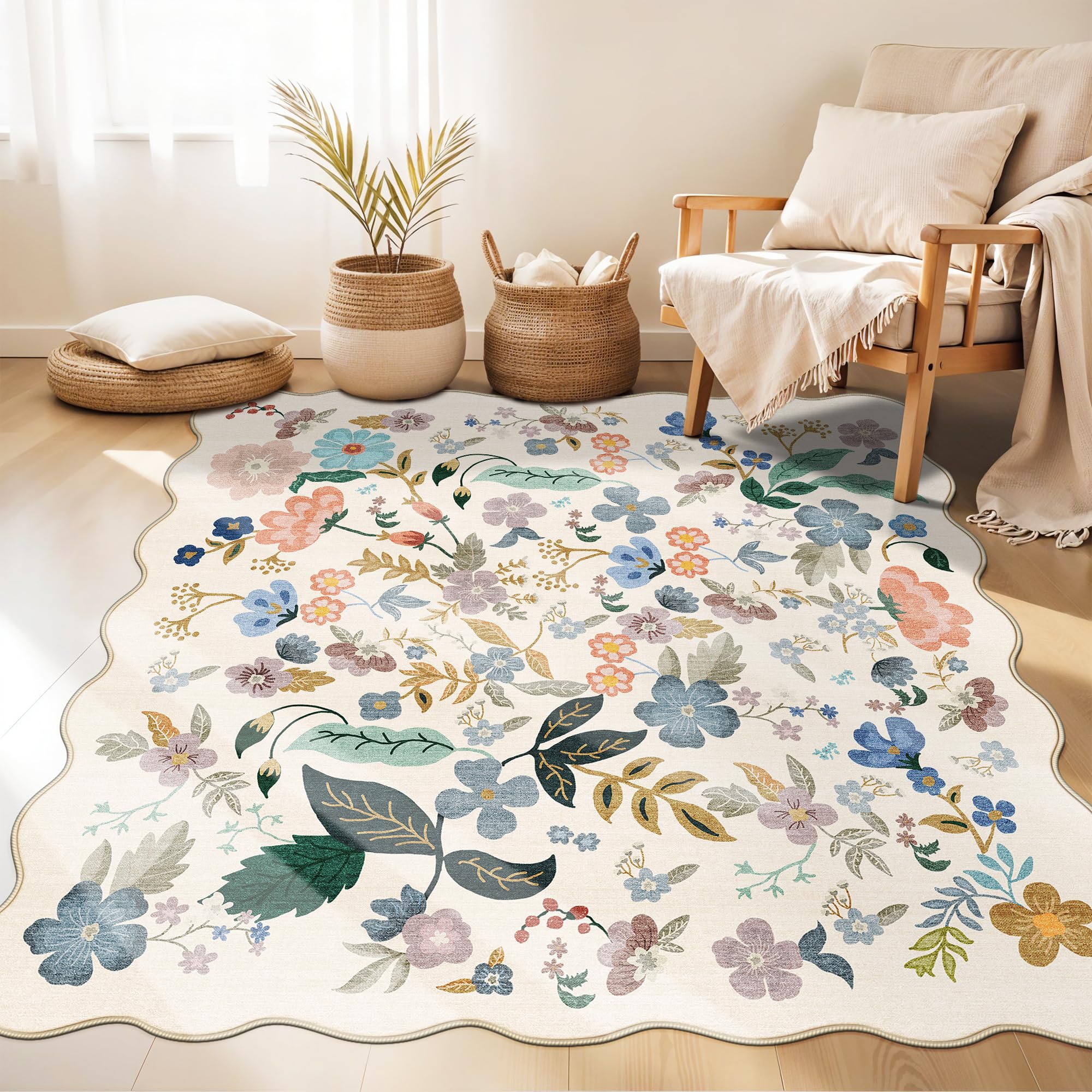 Washable 4x4 Square Area Rug: Floral Scalloped Soft Rugs for Living Room Bedroom Non Slip Bathroom Nursery Floor Mat Water Resis