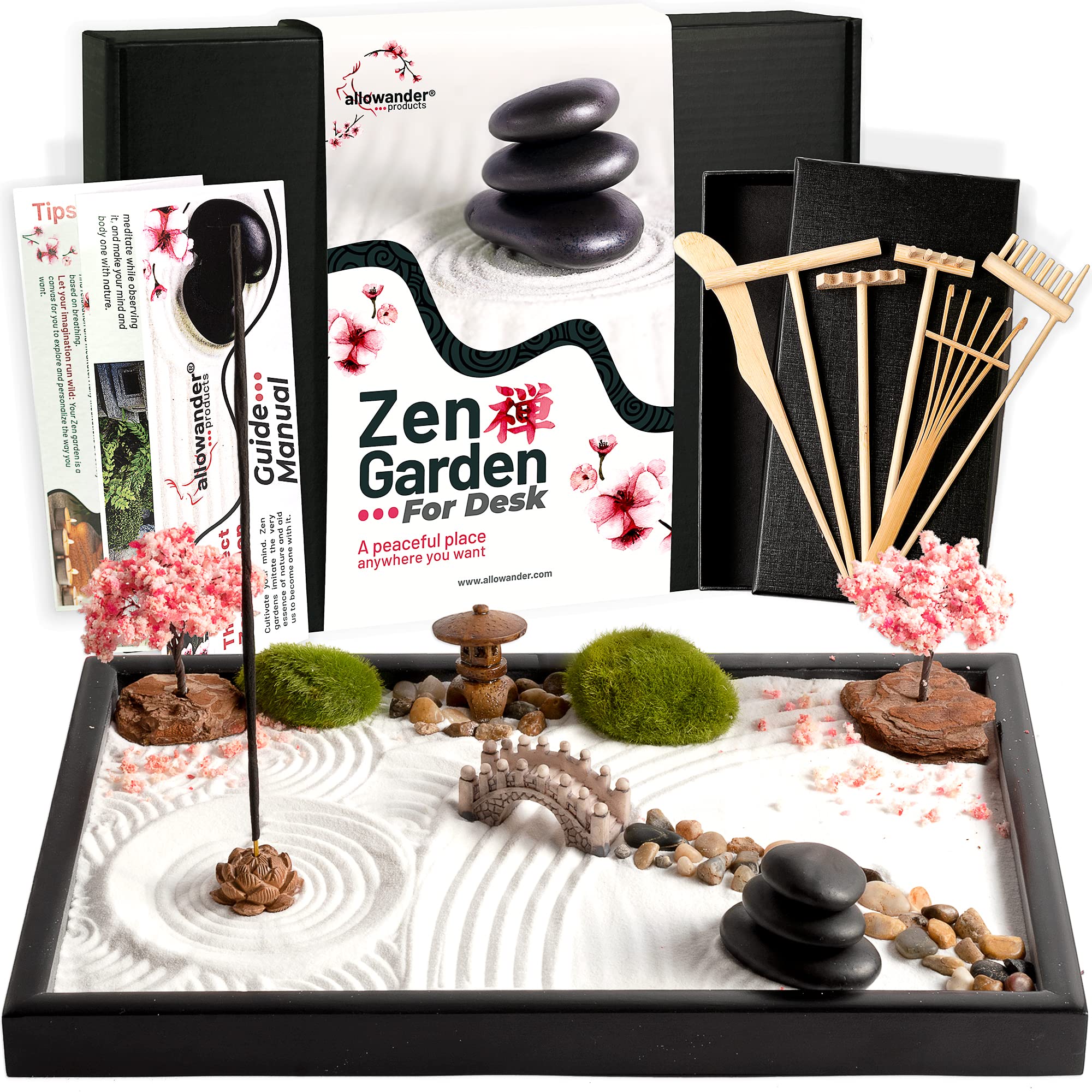 Zen Garden Kit for Desk 12x8in Sand Tray, Japanese Gift Set 14 Accessories and 6 Tools, Meditation Mini Zen Garden for Desk, Zen