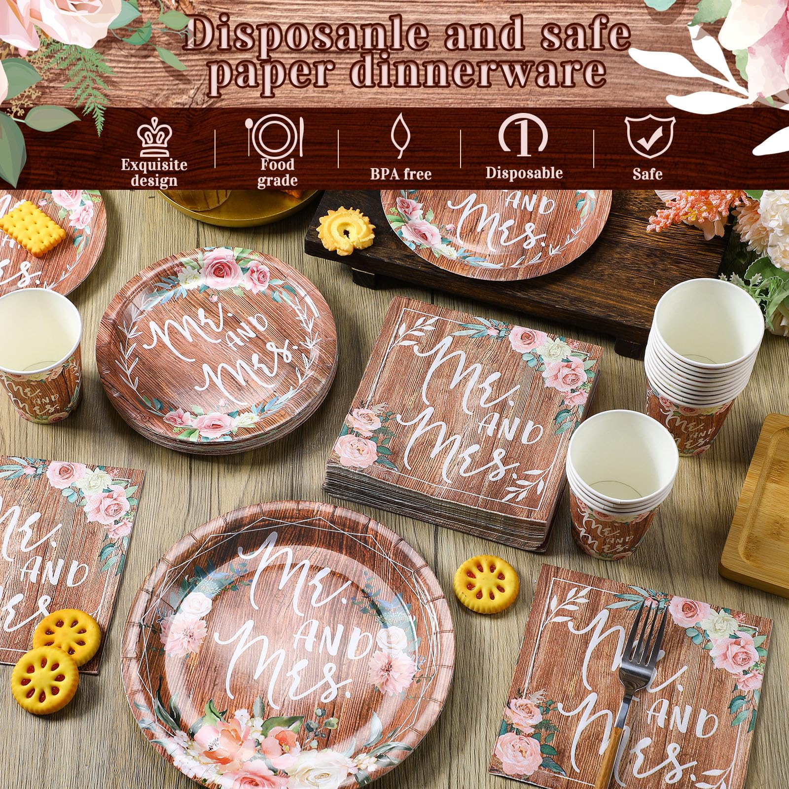Zhehao 250 Pcs Bridal Shower Plates And Napkins Rustic Plates Mr. And Mrs. Wedding Plates Napkins Wedding Party Decorations Disp
